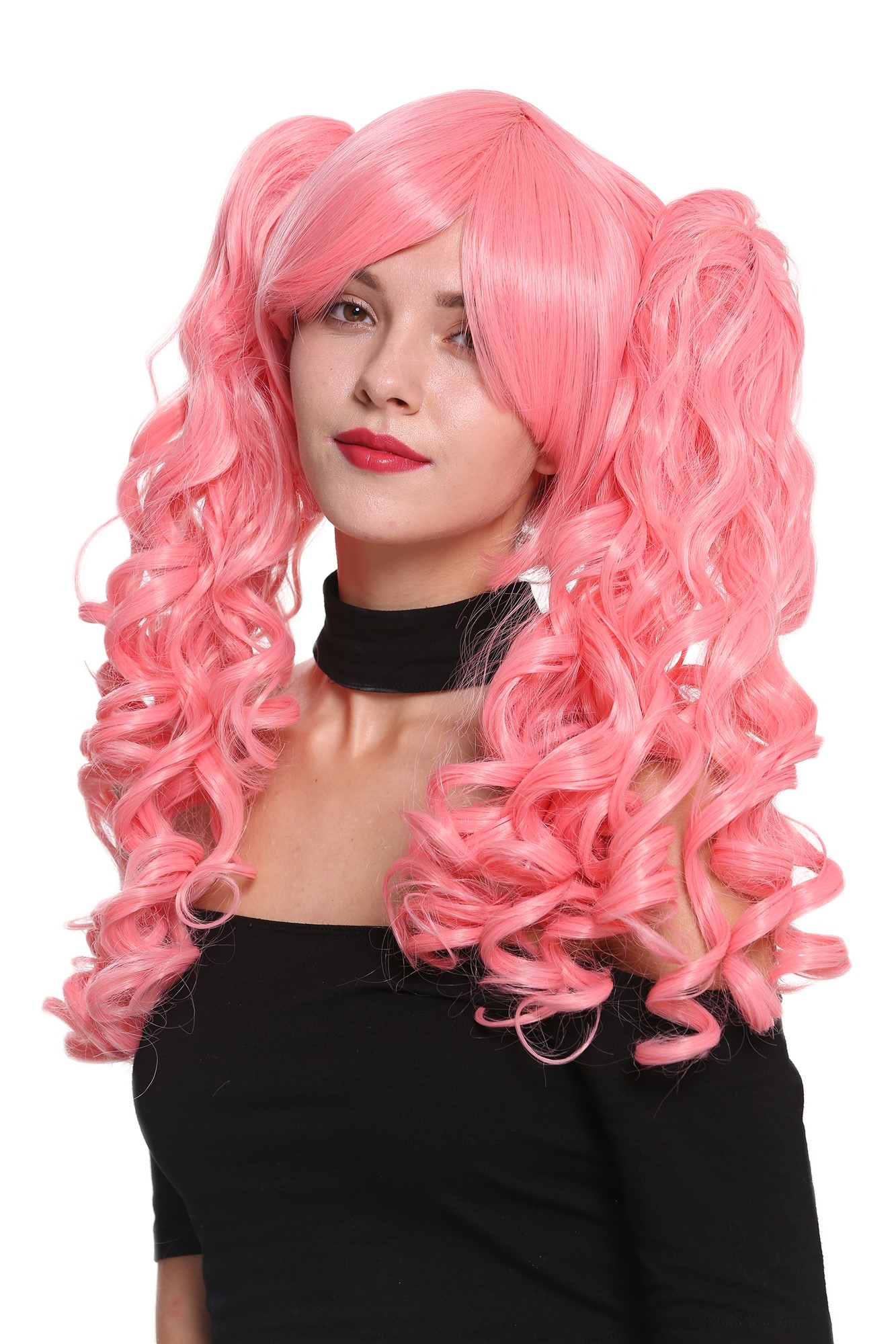 hochwertige Qualitätsperücken, Perücke Rosa lange Zöpfe Cosplay YZF-7026A+A-TF1632, Vorderansicht, WIG ME UP: Ihr Perücken Online Shop lockige Tressen-Perücke Hellrosa schulterlange Haare für Damen