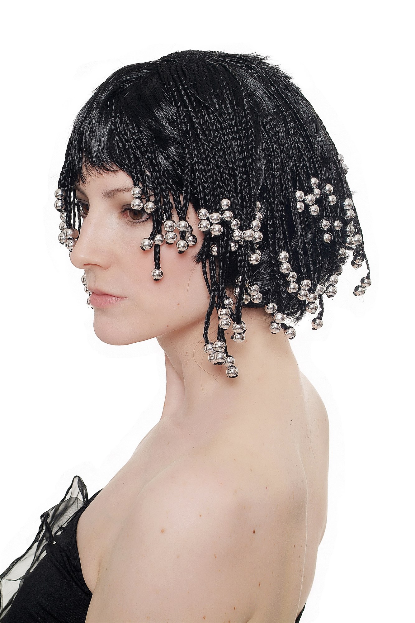 Halloween Lady wig braided hair pearls Beach Hippe Goa Thailand Caribbean 4199, view 2, WIG ME UP: Your Perücken Online Shop Party Wig, Ladies, Black, curled, short