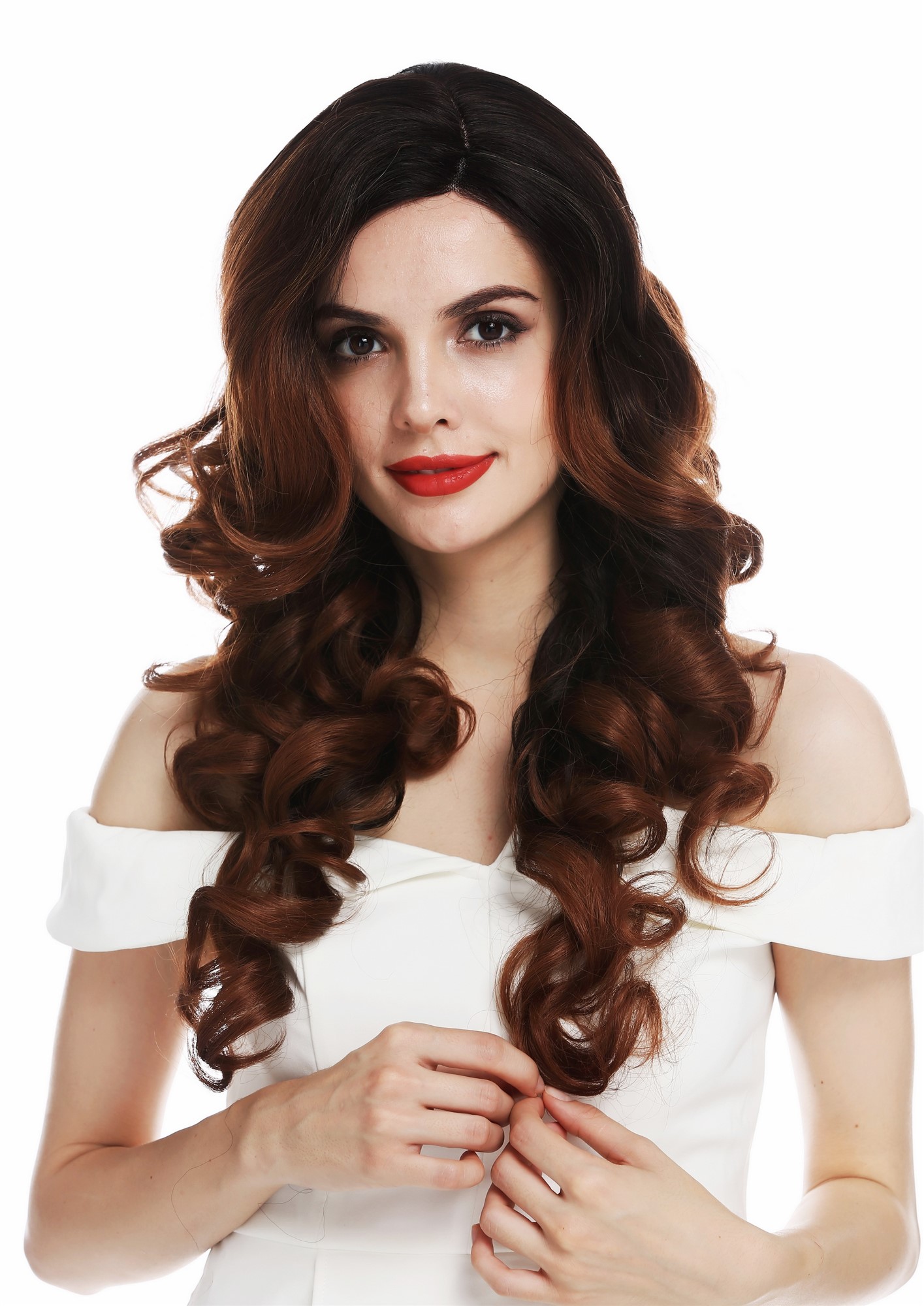hochwertige Qualitätsperücken, Perücke Lacefront lang Korkenzieher Locken Schwarz Kupferbraun Ombre Balayage DW-2163-LF-30YS2, Ansicht 2, WIG ME UP: Ihr Perücken Online Shop lockige Tressen-Perücke mit Front-Lace Schwarz-Braun-Mix lange Haare für Damen