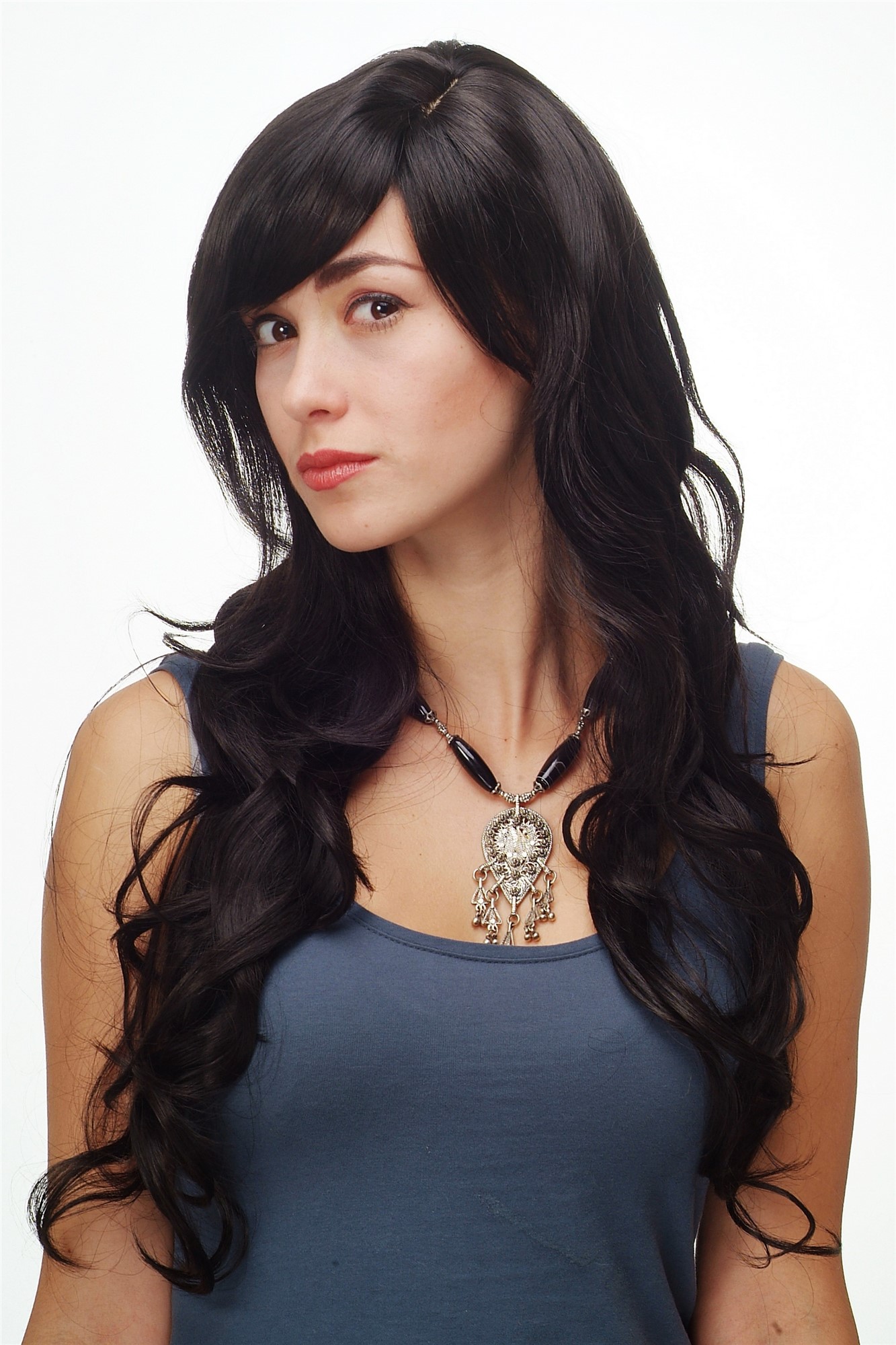 hochwertige Qualitätsperücken, Perücke lang wallendes Haar wellig leicht lockig braun dunkelbraun 9204S-3, Ansicht 5, WIG ME UP: Ihr Perücken Online Shop lockige Tressen-Perücke mit Kopfhaut-Imitat Dunkelbraun lange Haare für Damen