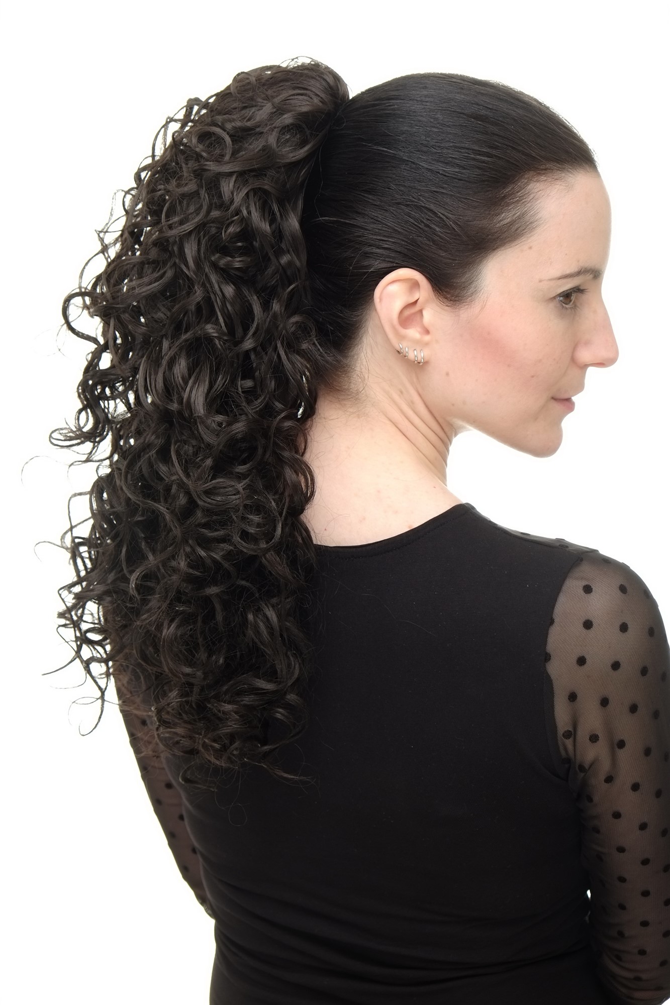 Hairpiece Ponytail with 2 combs/clips & elastic draw string long full curls voluminous dark brown, view 5, WIG ME UP: Your Perücken Online Shop Ponytails, dark brown, curled, shoulder-length