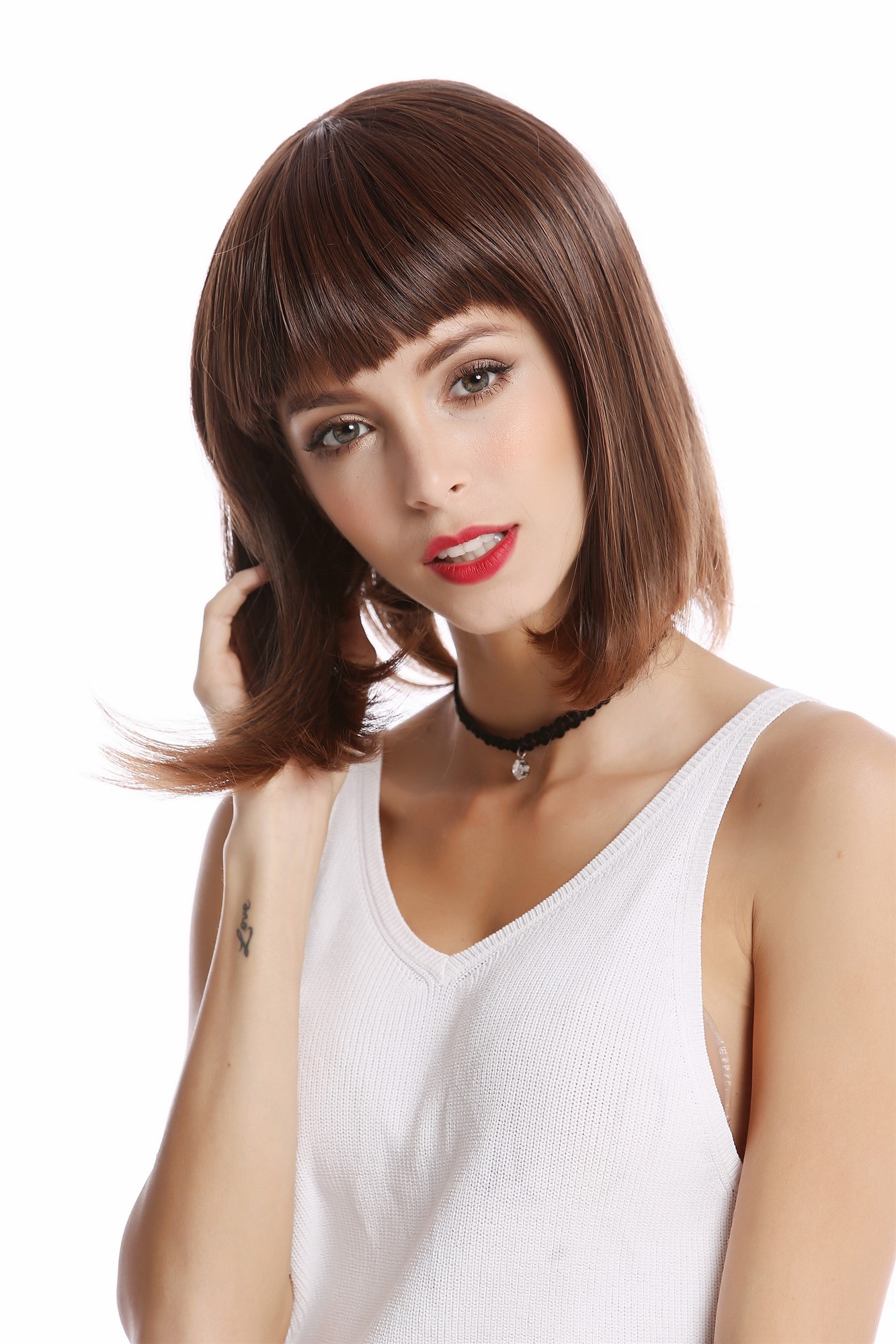 hochwertige Qualitätsperücken, Perücke Longbob Pony Kastanie Braun YZF-4375-4/30, Ansicht 3, WIG ME UP: Ihr Perücken Online Shop glatte Tressen-Perücke Dunkelbraun-Kupferbraun-Mix kurze Haare für Damen
