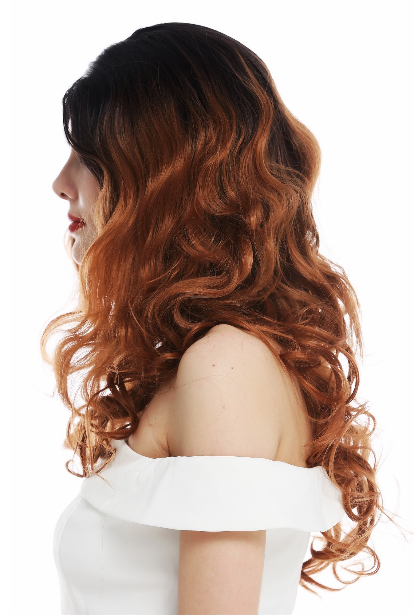 hochwertige Qualitätsperücken, Perücke Lace-Front lang leicht gelockt Ombre Dunkelbraun Rotbraun TYM-758-MF-4TT30, Ansicht 3, WIG ME UP: Ihr Perücken Online Shop lockige Tressen-Perücke mit Teil-Mono Scheitel, Front-Lace Braun-Mix lange Haare für Damen