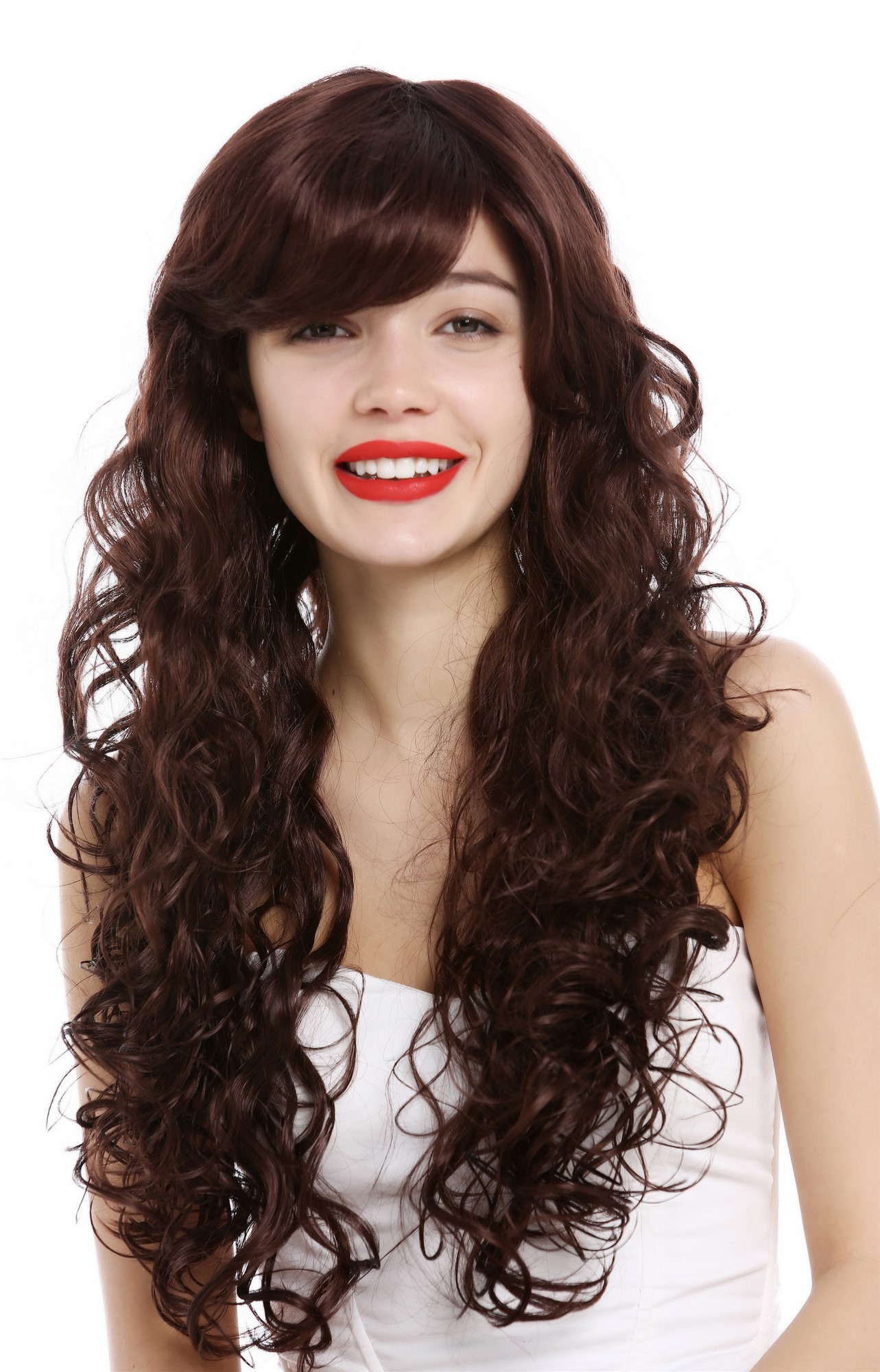 hochwertige Qualitätsperücken, Perücke lang lockig voluminös Rotbraun VK-36-33, Vorderansicht, WIG ME UP: Ihr Perücken Online Shop lockige Tressen-Perücke mit Kopfhaut-Imitat Mahagonibraun lange Haare für Damen