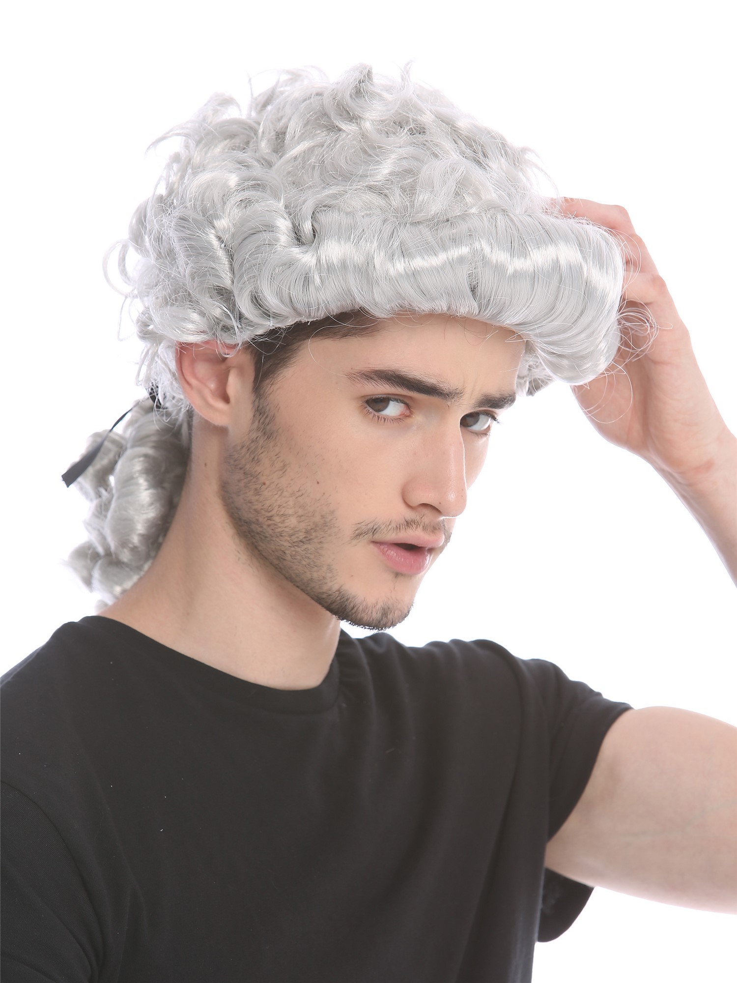Man Lady Wig Baroque aristocrat lord curls long ponytail silver grey 910219, view 3, WIG ME UP: Your Perücken Online Shop Party Wig, Men, Grey, curled, shoulder-length