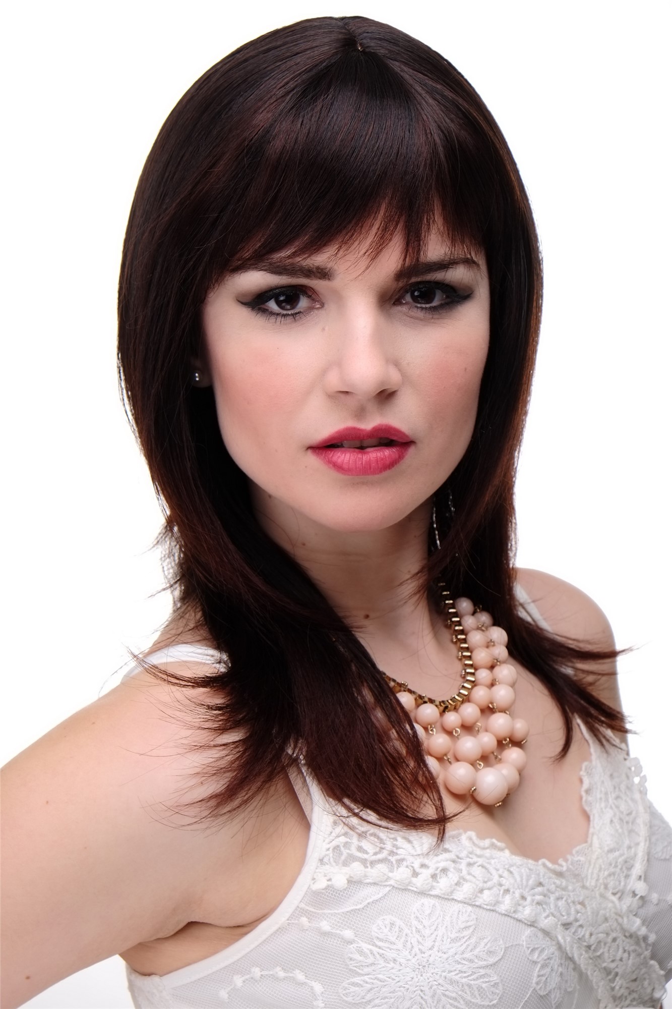 Lady wig medium length fringe parted to side straight layered mahogany mix 3003, front view, WIG ME UP: Your Perücken Online Shop Quality Wigs, Ladies, black-brown-mahogany brown mix, straight, long
