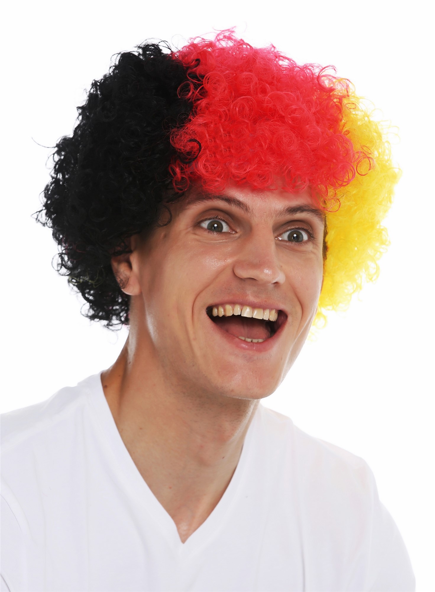 Fan wig carnival afro soccer football world cup Germany black red gold MMAM-15M, view 3, WIG ME UP: Your Perücken Online Shop Party Wig, Unisex, Black, Red, Yellow, curled, short