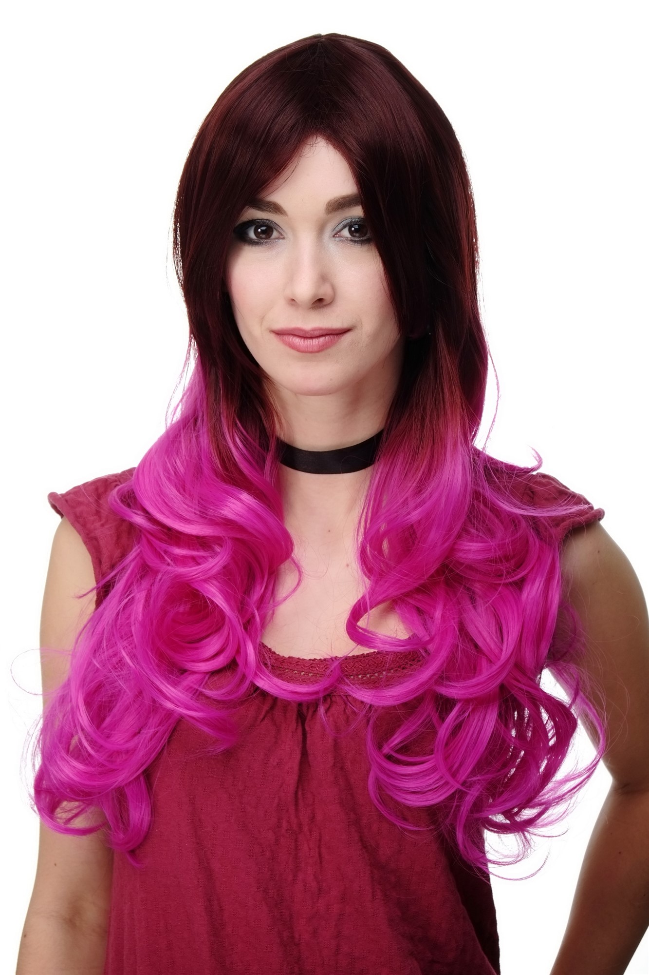 hochwertige Qualitätsperücken, Perücke Ombre Mahagonibraun Pink Lockig H9704-33FT2405, Vorderansicht, WIG ME UP: Ihr Perücken Online Shop wellige Tressen-Perücke mit Kopfhaut-Imitat Kastanie-Lila-Mix lange Haare für Damen