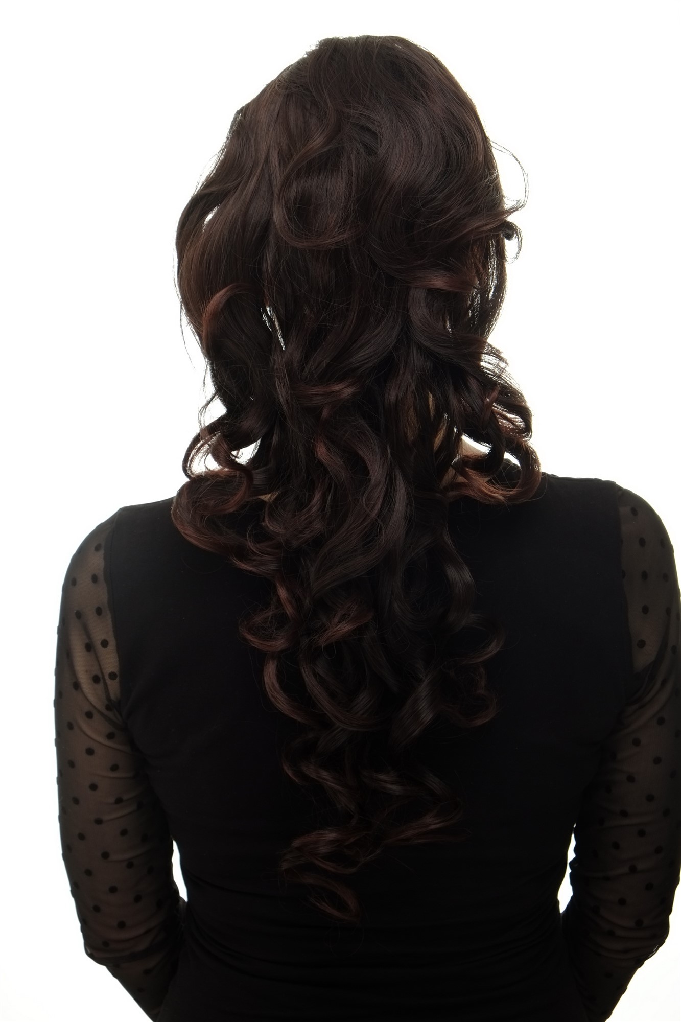 hochwertiges Haarteil Zopf Steckkämme & Gummizug sehr lang lockig Schwarz-Braun-Mix WK03-2T33, Vorderansicht, WIG ME UP: Ihr Perücken Online Shop lockiges Zopf-Haarteil Schwarz-Braun-Mix 60 cm lang