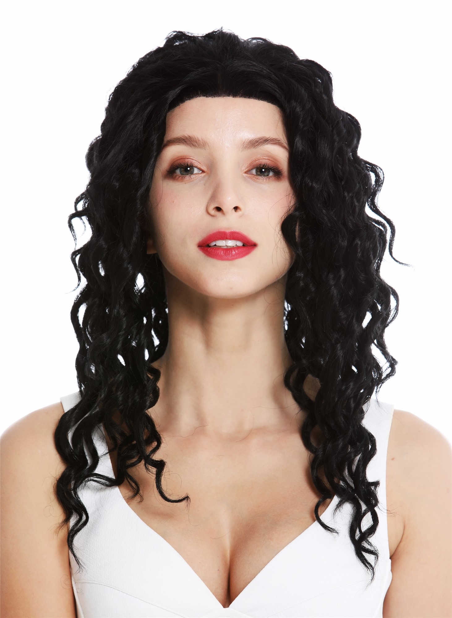 hochwertige Qualitätsperücken, Perücke Lace-Front lang lockig Korkenzieher-Locken Schwarz LA9013-1B, Vorderansicht, WIG ME UP: Ihr Perücken Online Shop lockige Tressen-Perücke mit Front-Lace Samtschwarz lange Haare für Damen