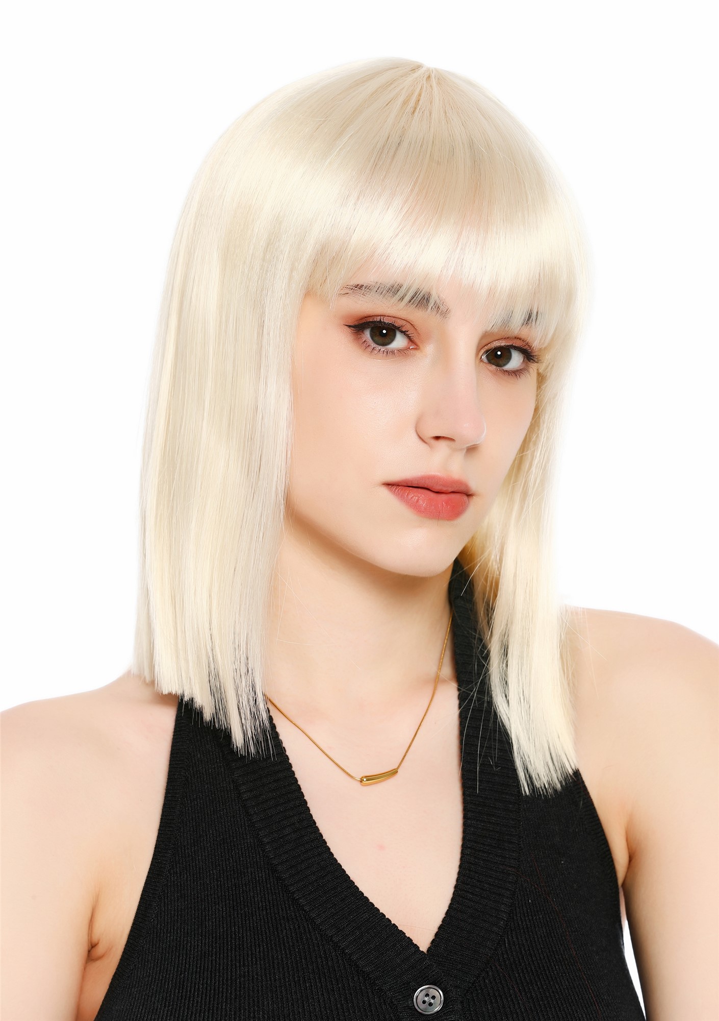 Perücke Damen Longbob glatt schulterlang Pony Clavi-Cut Platinblodn Hellblond VK-64-613