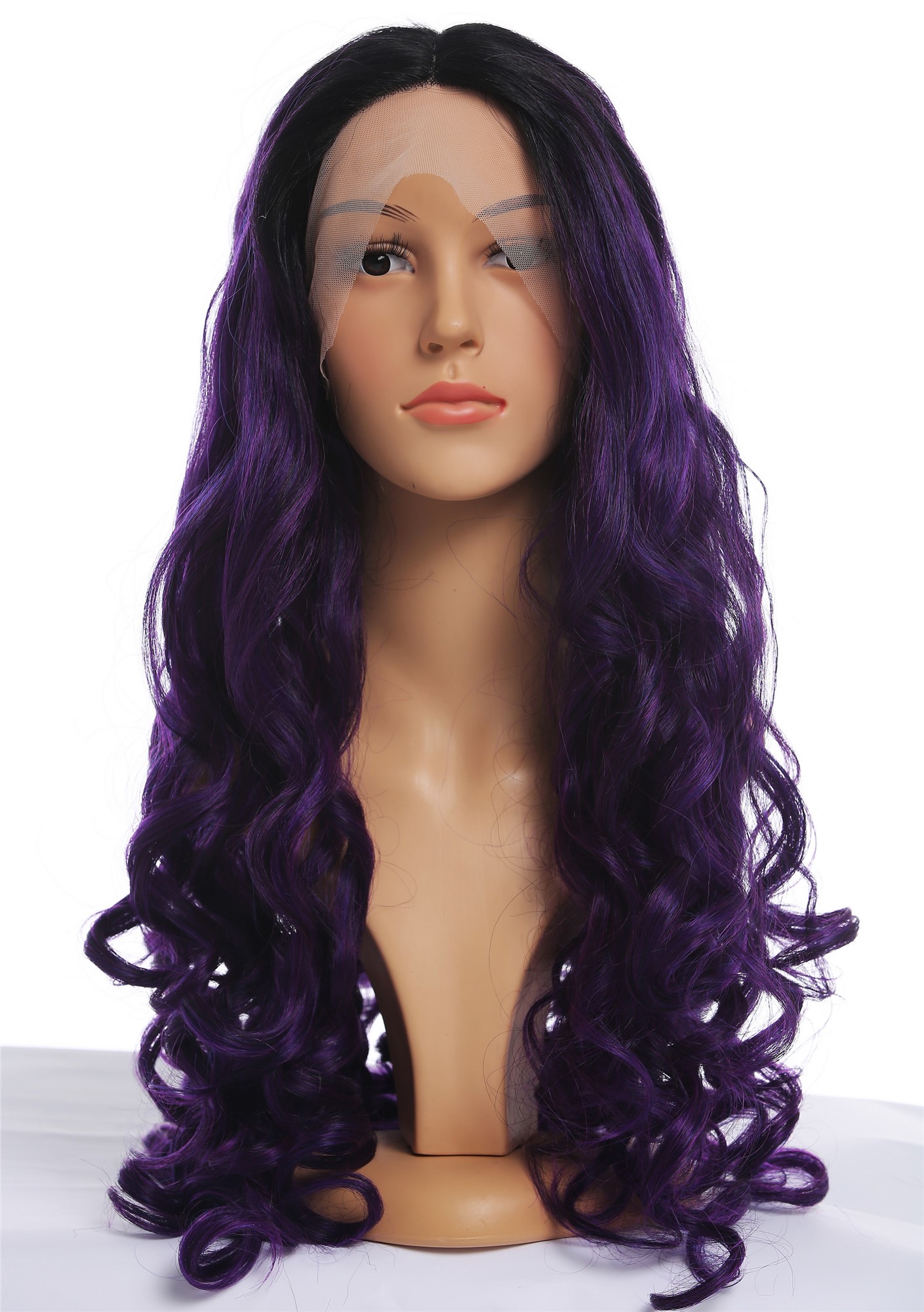 hochwertige Qualitätsperücken, Perücke Lace-Front extrem lang voluminös gelockt Ombre Schwarz Violett DW2904-MF-PURPLEYS1B, Ansicht 8, WIG ME UP: Ihr Perücken Online Shop lockige Tressen-Perücke mit Teil-Mono Oberkopf, Front-Lace Violett-Schwarz-Mix sehr lange Haare für Damen