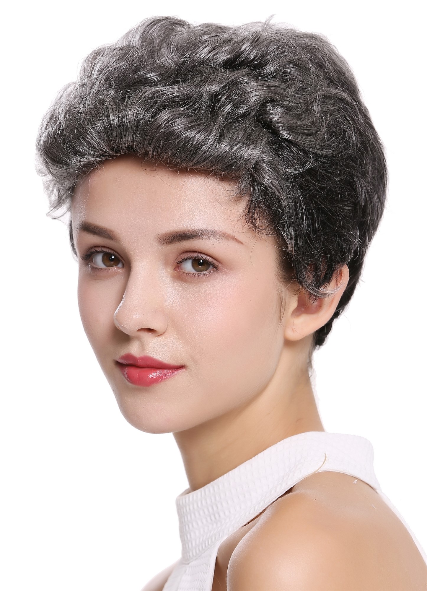 hochwertige Qualitätsperücken, Perücke Echthaar Herren Damen kurz Tolle Grau B-HH-12-GREY, Vorderansicht, WIG ME UP: Ihr Perücken Online Shop wellige Tressen-Perücke mit Klebeflächen 100% Echthaar Grau - Dunkelgrau kurze Haare für Unisex