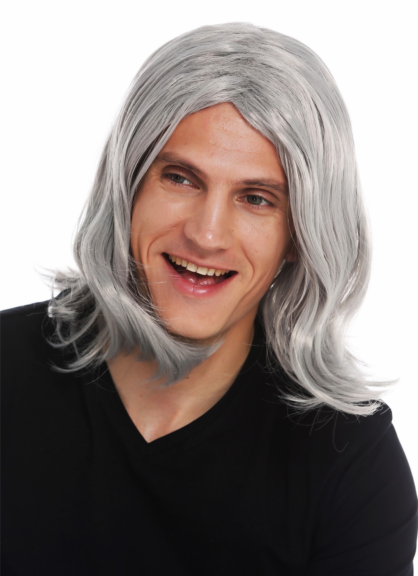 Wig carnival men long middle parting wavy grey old rockstar cool grandpa 3056, front view, WIG ME UP: Your Perücken Online Shop Party Wig, Unisex, silver gray, wavy, shoulder-length
