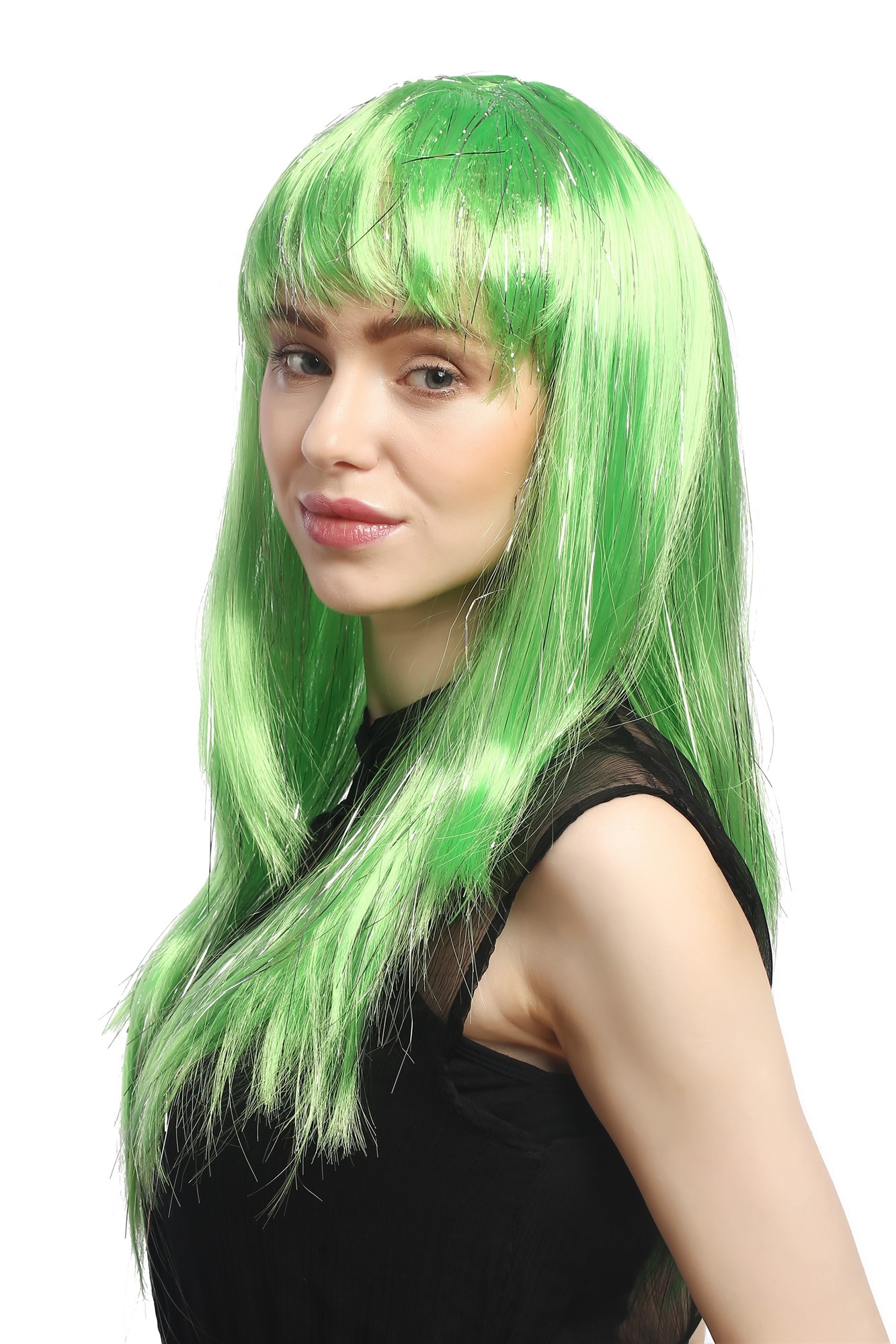 XR-003-PC15 Lady Party Wig Halloween long straight bangs streaked with silver tinsel strands green, view 3, WIG ME UP: Your Perücken Online Shop Party Wig, Ladies, light green, straight, long
