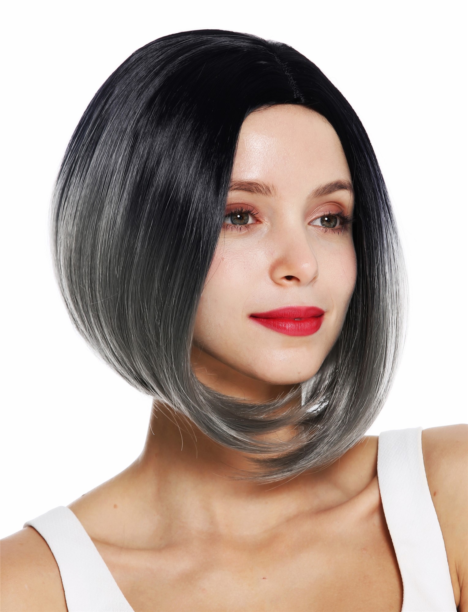 hochwertige Qualitätsperücken, Perücke kurz Longbob Mittelscheitel Ombre Schwarz Grau ZM-1782-1BT171, Vorderansicht, WIG ME UP: Ihr Perücken Online Shop glatte Tressen-Perücke mit Kopfhaut-Imitat Schwarz-Grau-Mix kurze Haare für Damen