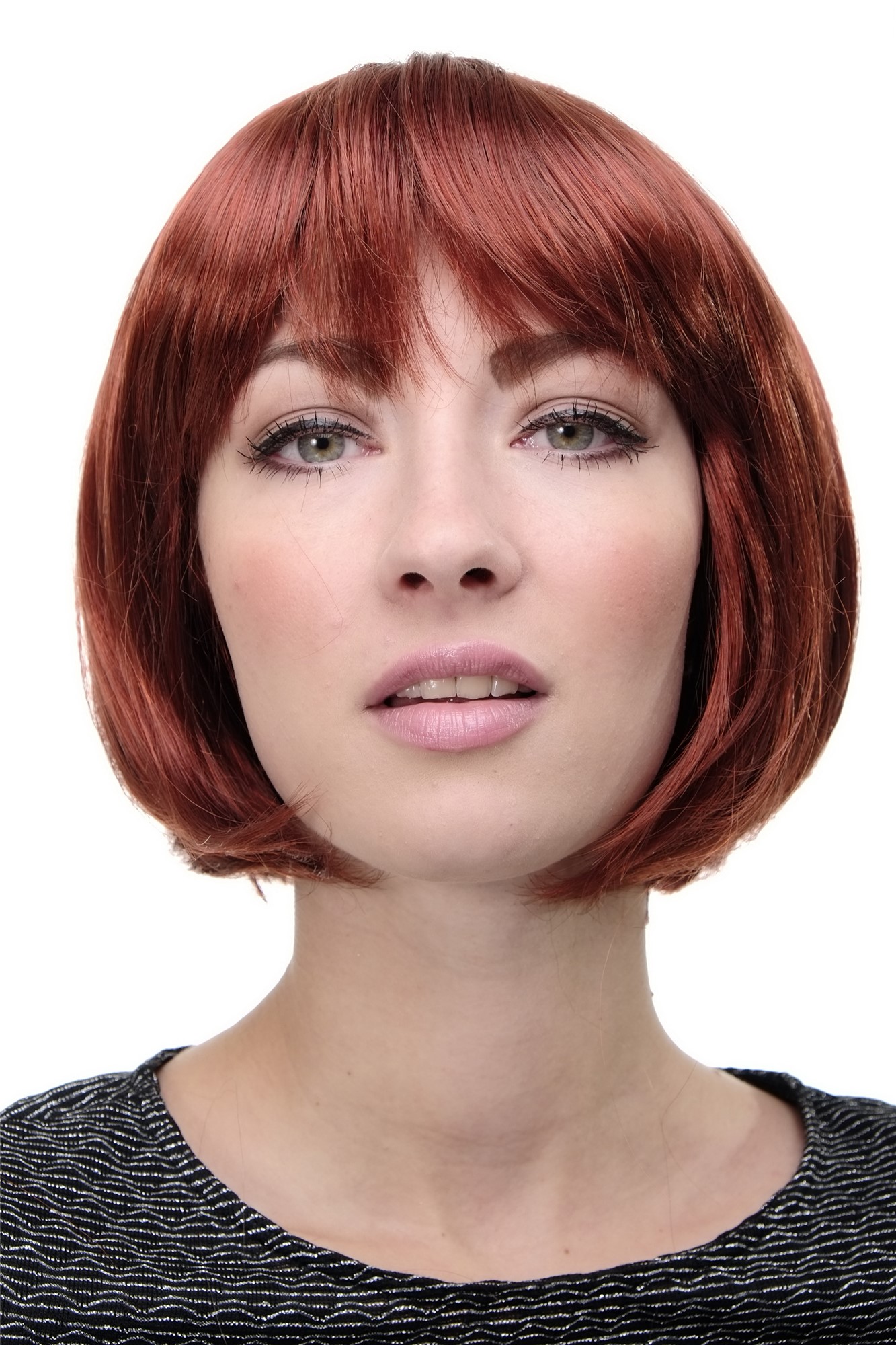 hochwertige Qualitätsperücken, Sexy Damen Bob Perücke glatte kurze Haare mit Pony Kupferrot Rot 703-350, Vorderansicht, WIG ME UP: Ihr Perücken Online Shop glatte Tressen-Perücke mit Kopfhaut-Imitat Kupferrot kurze Haare für Damen