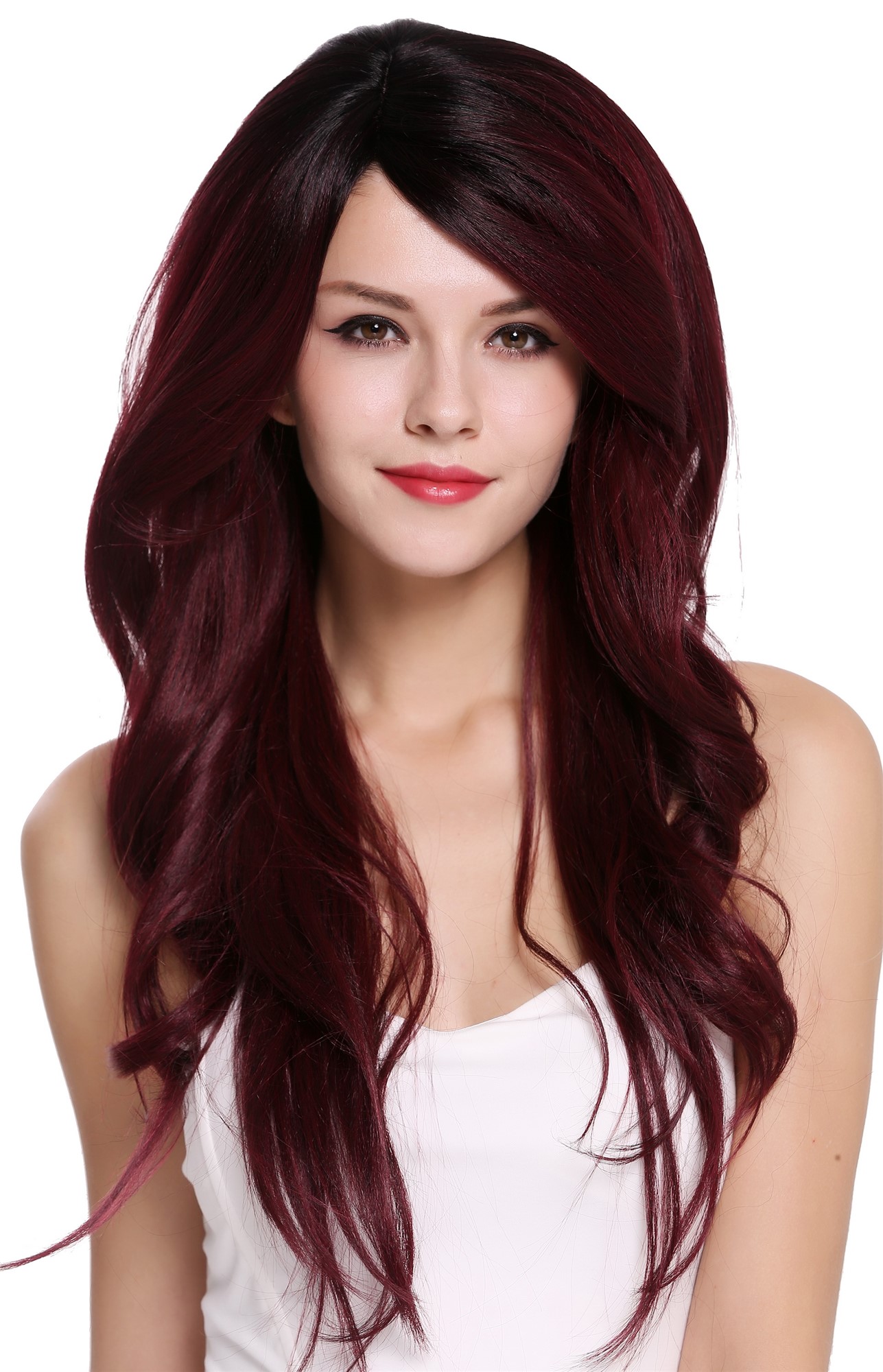 hochwertige Qualitätsperücken, Perücke Lang Gewellt Scheitel Schwarz Rot RGF-5904LD-DR1B/BG, Vorderansicht, WIG ME UP: Ihr Perücken Online Shop wellige Tressen-Perücke mit Kopfhaut-Imitat Schwarz-Auberginerot lange Haare für Damen