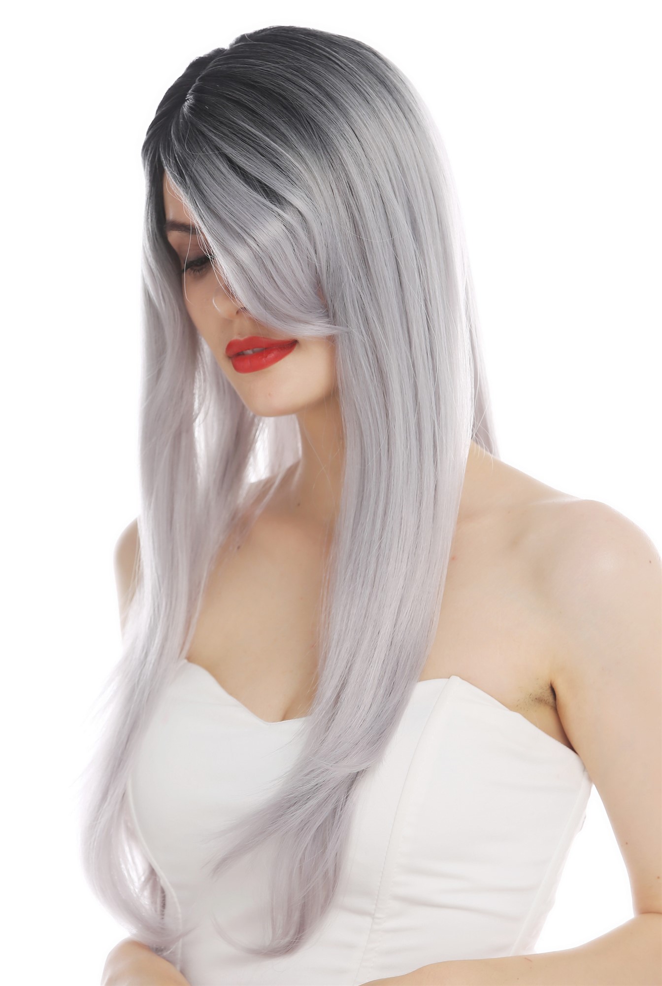 hochwertige Qualitätsperücken, Perücke lang glatt Scheite Ombre Schwarz Grau lRGF-6470C-DXR2PKW-grey, Ansicht 3, WIG ME UP: Ihr Perücken Online Shop glatte Tressen-Perücke mit Kopfhaut-Imitat Schwarz-Grau-Mix lange Haare für Damen