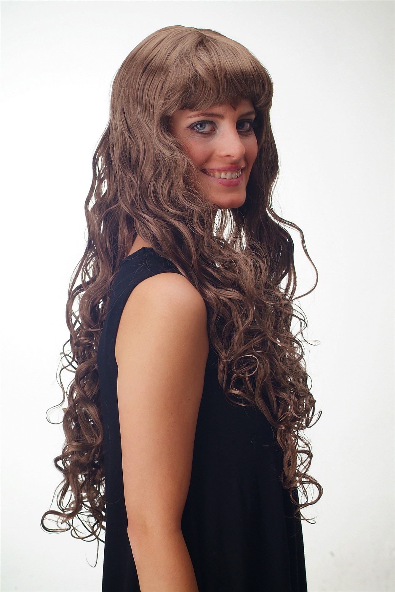 Lady wig very long wavy slightly curled fringe bangs light brown brunette 33002A, view 3, WIG ME UP: Your Perücken Online Shop Quality Wigs, Ladies, Dark golden brown, curled, very long