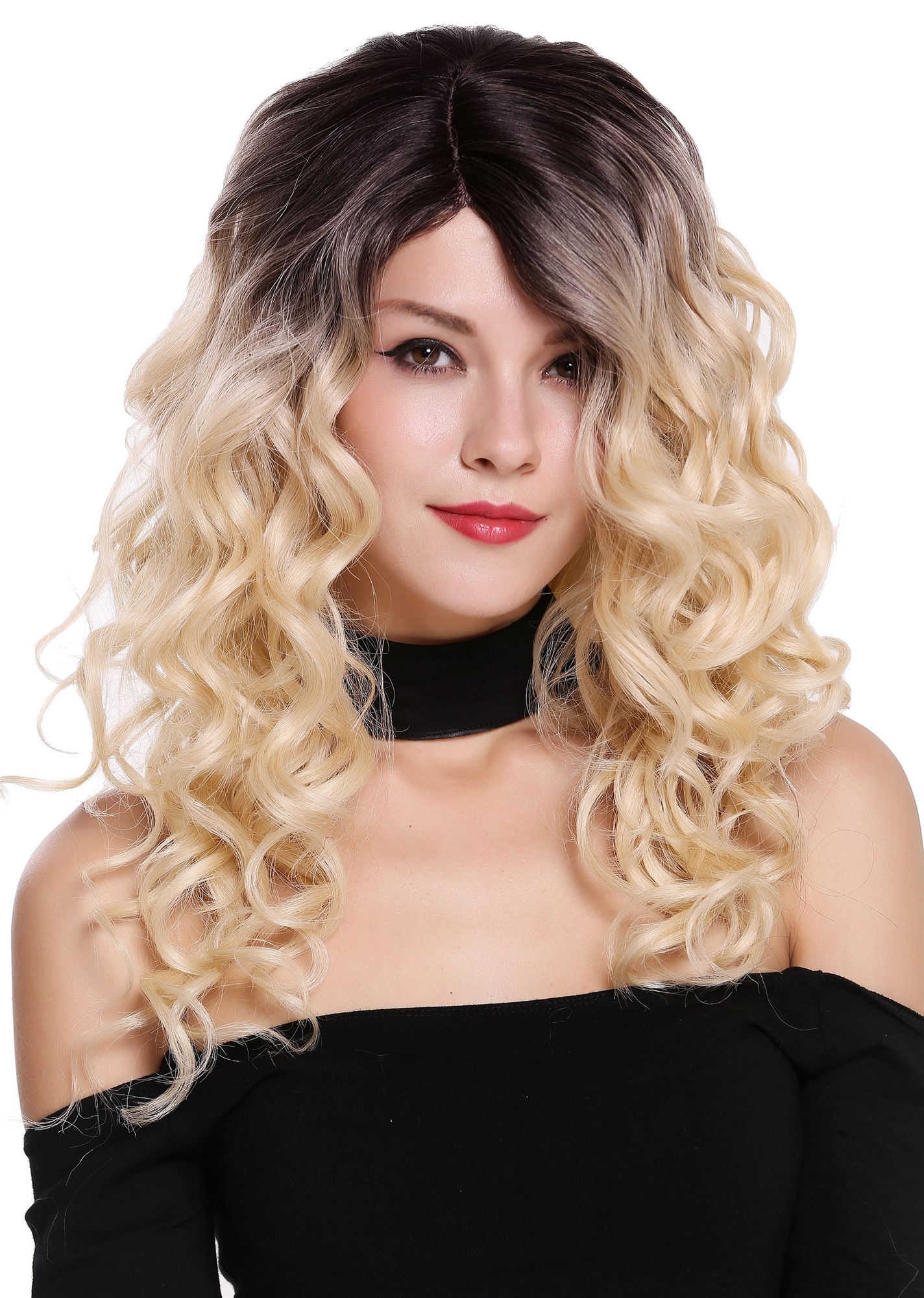 hochwertige Qualitätsperücken, Perücke Locken Volumen Lang Scheitel Ombre Dunkelbraun Platin RGF-6467C-DR4/613, Vorderansicht, WIG ME UP: Ihr Perücken Online Shop lockige Tressen-Perücke mit Kopfhaut-Imitat Schwarzbraun-Hellblond lange Haare für Damen