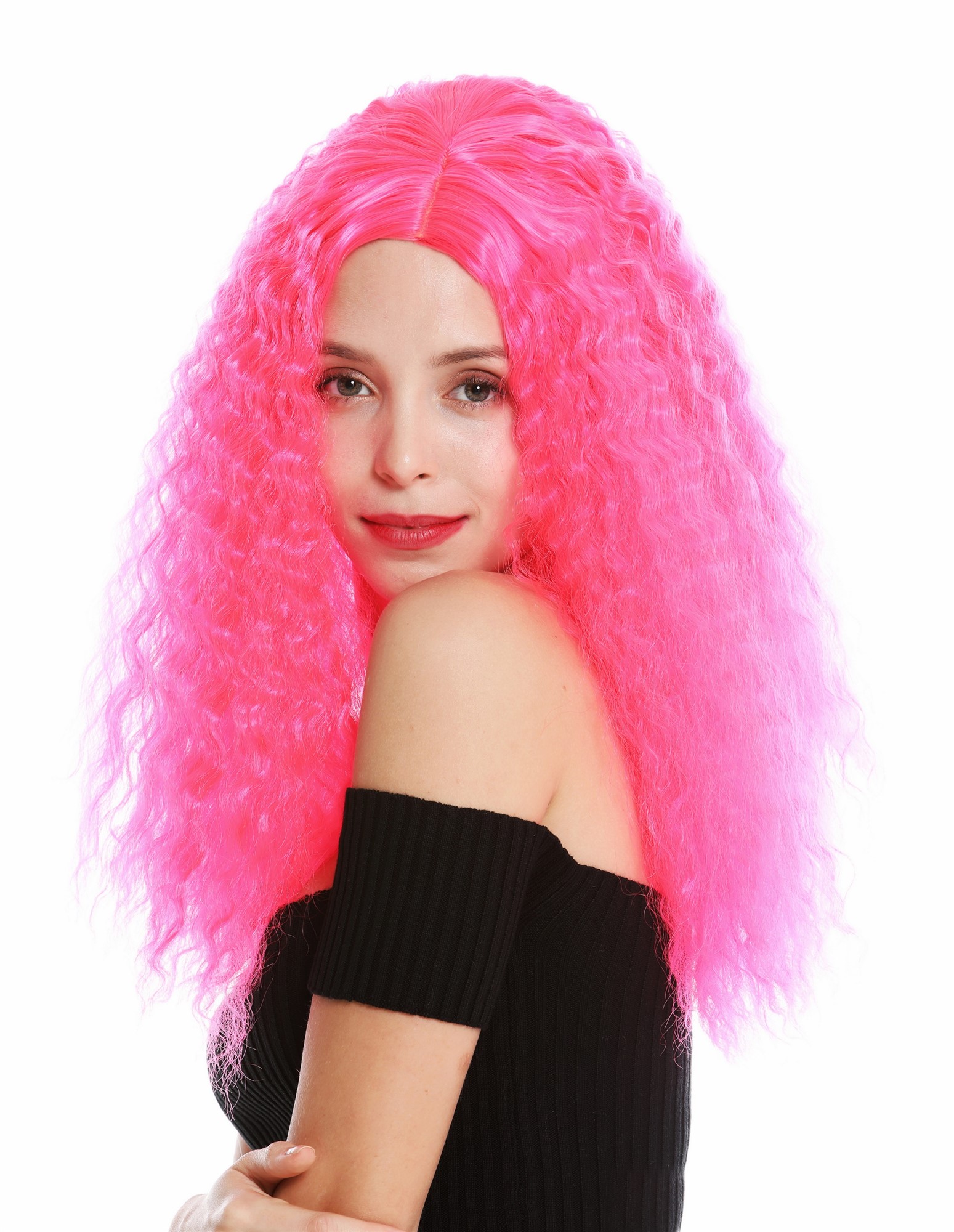 hochwertige Qualitätsperücken, Perücke lang Kraus Locken Volumen Mittelscheitel Pink Rosa YZF-7304-TF2315, Ansicht 3, WIG ME UP: Ihr Perücken Online Shop lockige Tressen-Perücke mit Kopfhaut-Imitat Hellrosa lange Haare für Damen