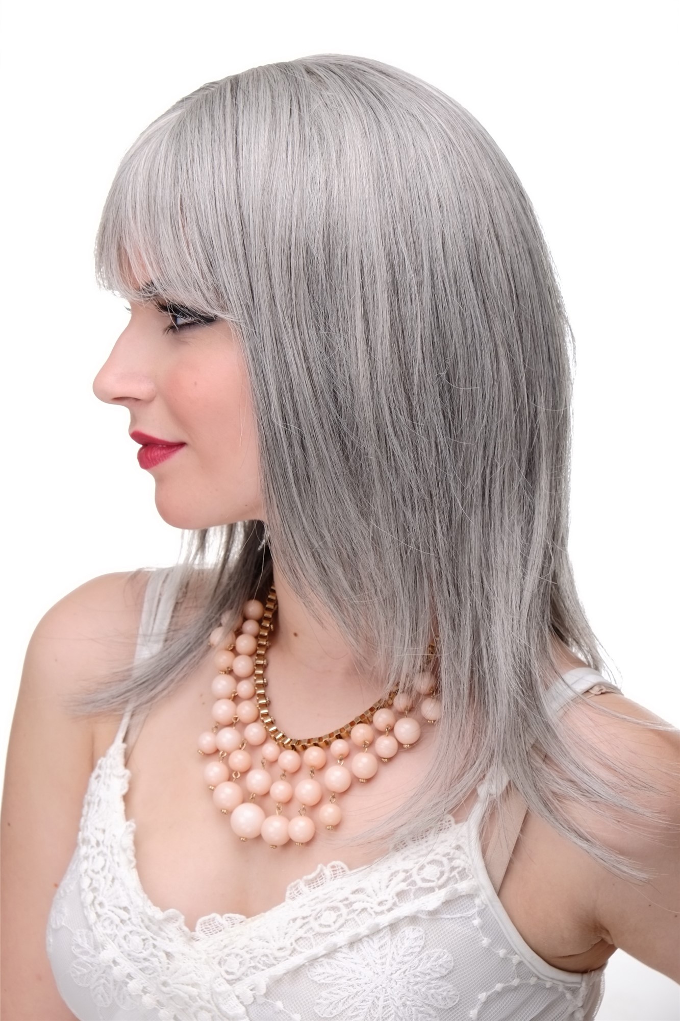 Lady wig medium length fringe parted side straight layered sliver grey gray 3003, view 2, WIG ME UP: Your Perücken Online Shop Quality Wigs, Ladies, Grey, straight, long