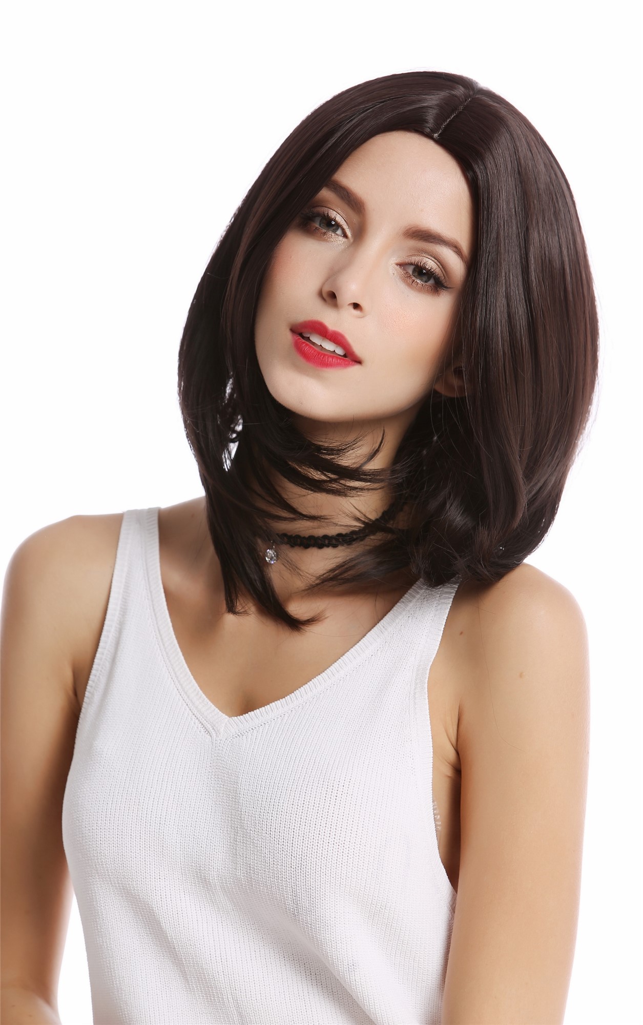 DDH08-4-K4 Lady Party Wig Halloween Longbob shoulder-length middle parting dark brown, front view, WIG ME UP: Your Perücken Online Shop Party Wig, Ladies, dark brown, straight, shoulder-length