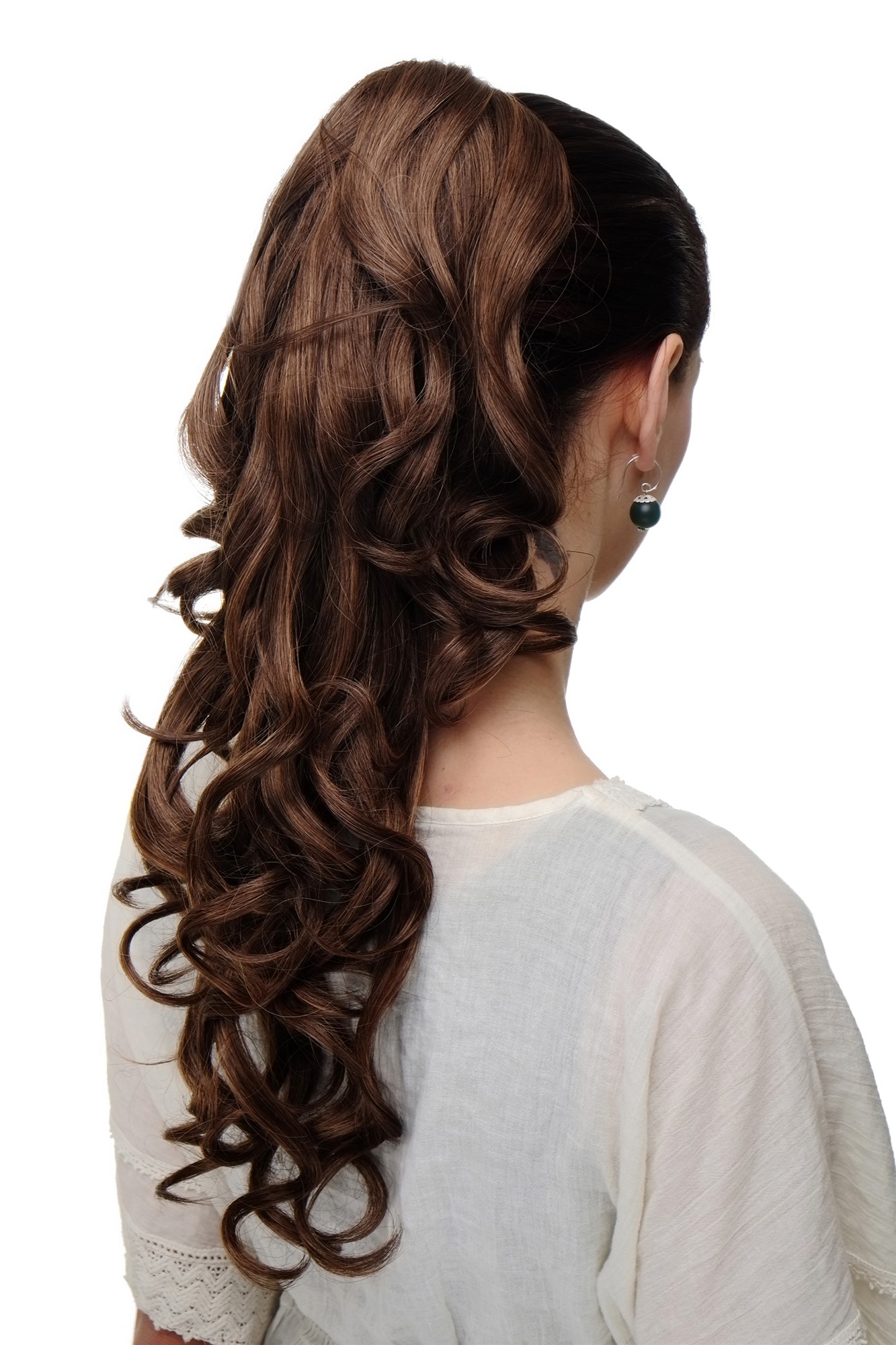 Hairpiece PONYTAIL extension VERY long BEAUTIFUL wavy slightly curly curls mixed brown 20", front view, WIG ME UP: Your Perücken Online Shop Ponytails, medium brown-reddish brown mix, curled, long