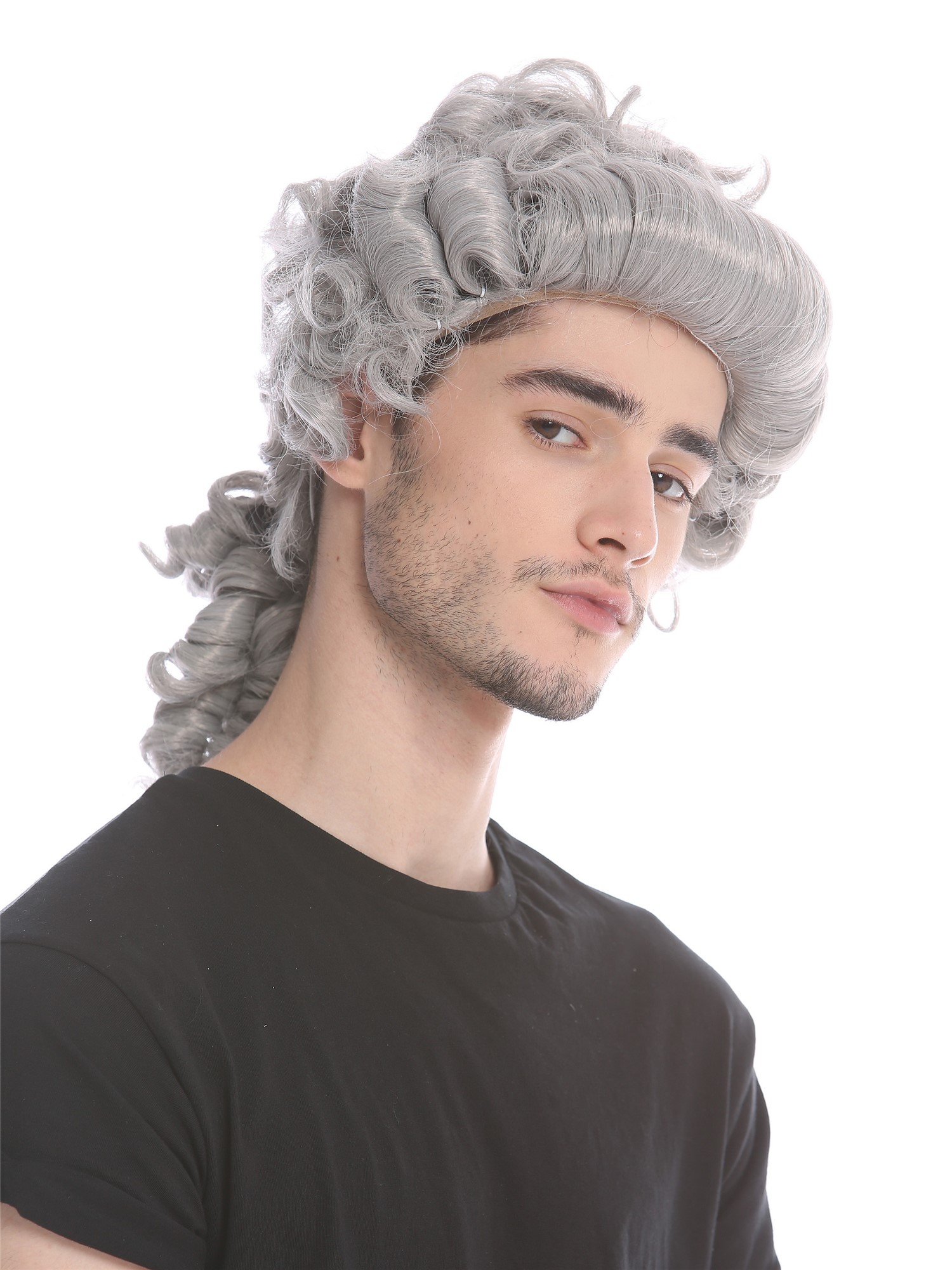 Man Lady party wig Baroque aristocrat lord curls long ponytail gray grey 910219, front view, WIG ME UP: Your Perücken Online Shop Party Wig, Men, Grey, curled, shoulder-length