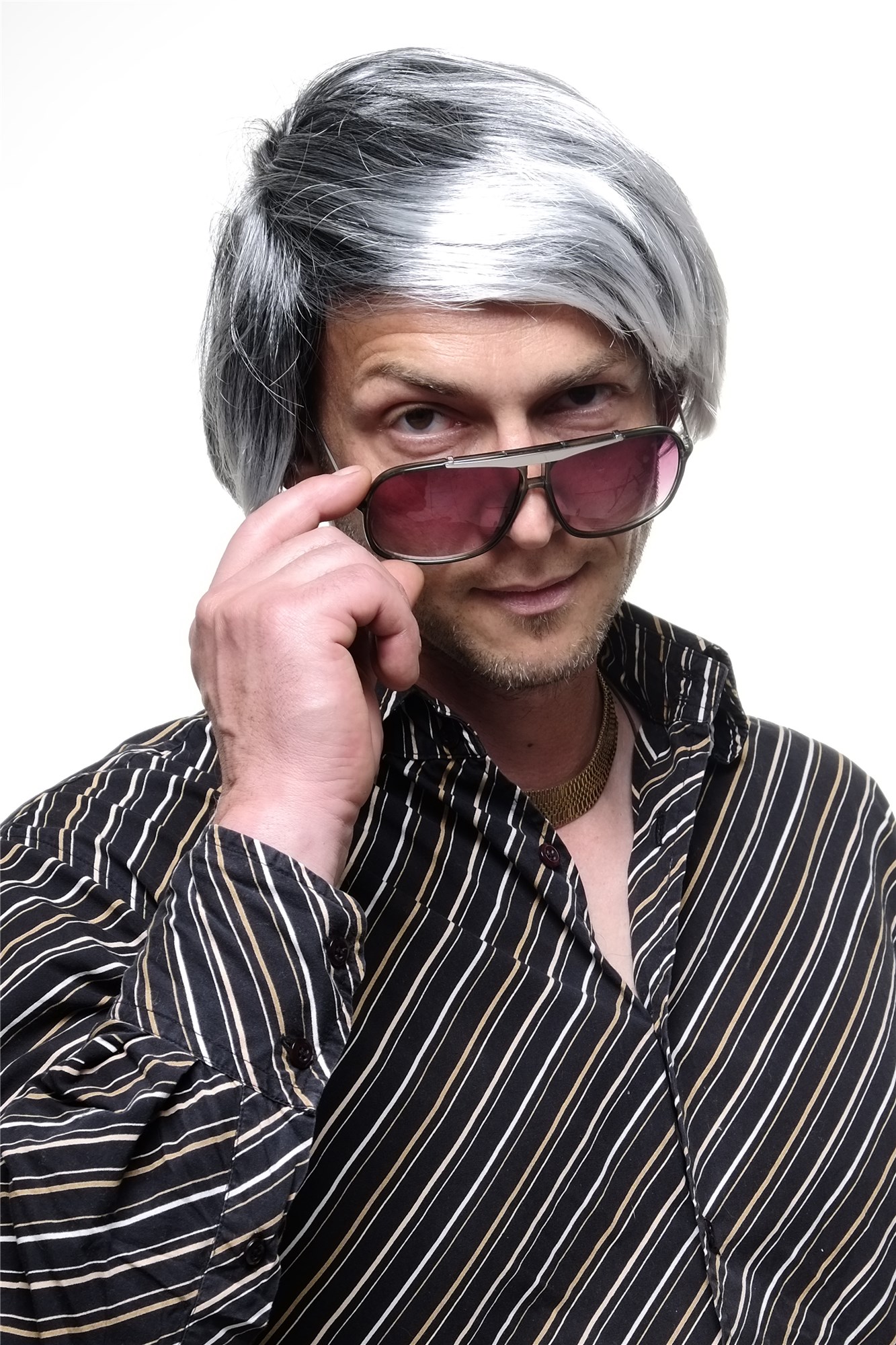 Party wig men women black with strands of silver grey gray playboy Gigolo 68875, view 5, WIG ME UP: Your Perücken Online Shop Party Wig, Men, black-silver-gray mix, straight, short