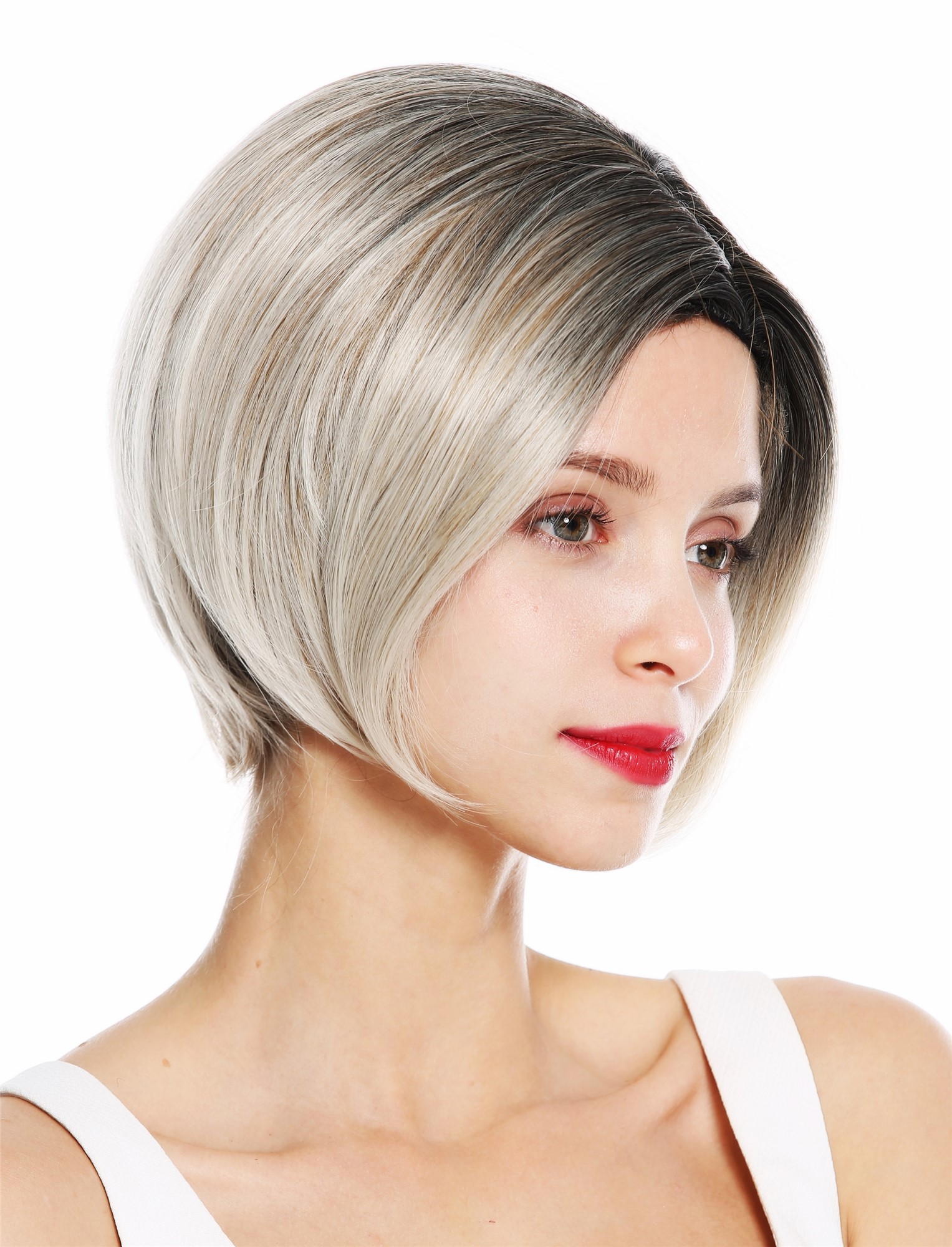 hochwertige Qualitätsperücken, Perücke kurz Bob Scheitel Ombre Blond Gesträhnt 1940-27T60R, Vorderansicht, WIG ME UP: Ihr Perücken Online Shop glatte Tressen-Perücke mit Kopfhaut-Imitat Ombre Dunkelgrau Blond-Mix kurze Haare für Damen