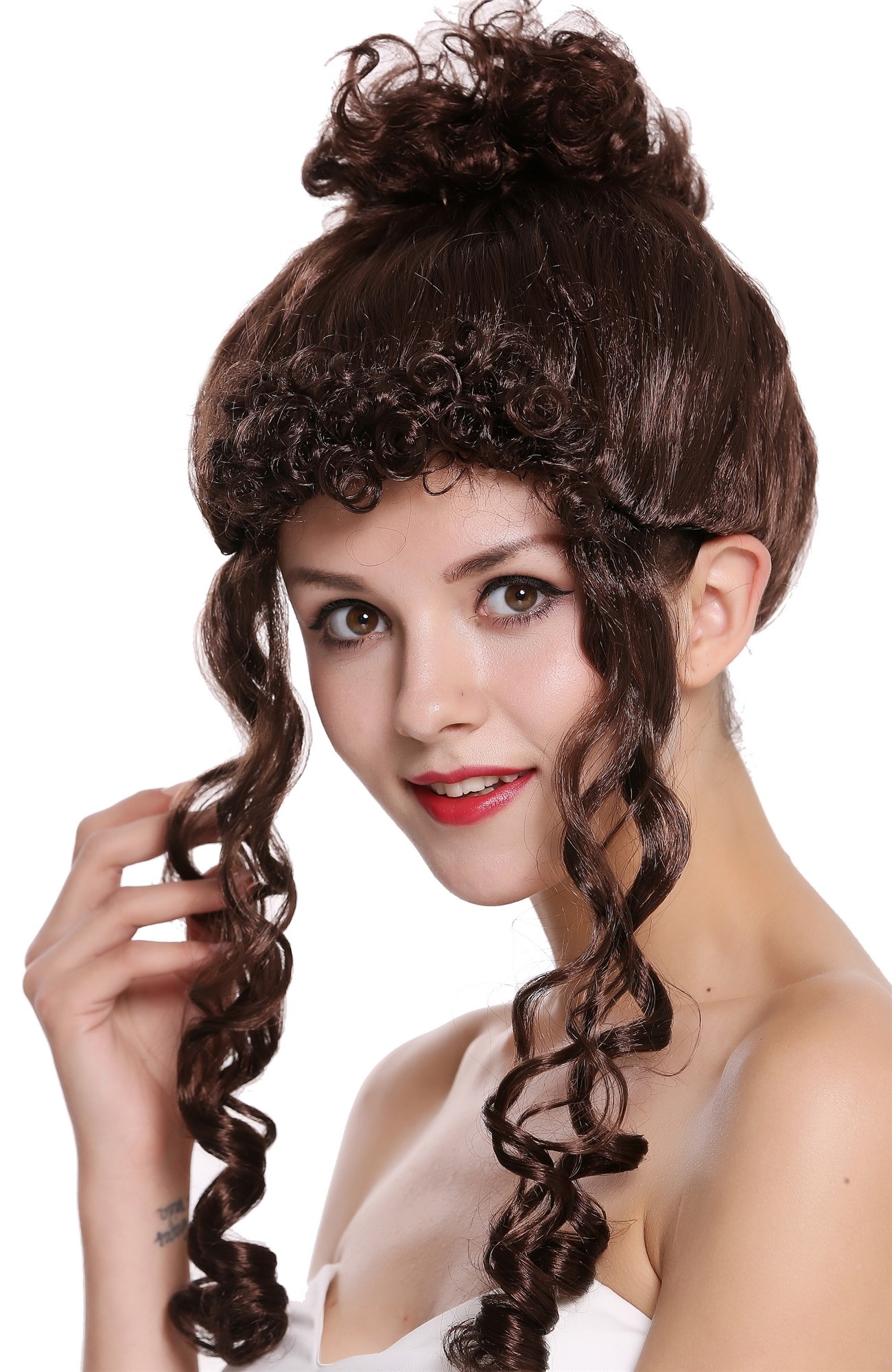 günstige Party Perücke, Perücke hochgesteckt braun viktorianisch CXH-007-P4, Ansicht 3, WIG ME UP: Ihr Perücken Online Shop lockige Party Perücke Mittelbraun schulterlange Haare für Damen
