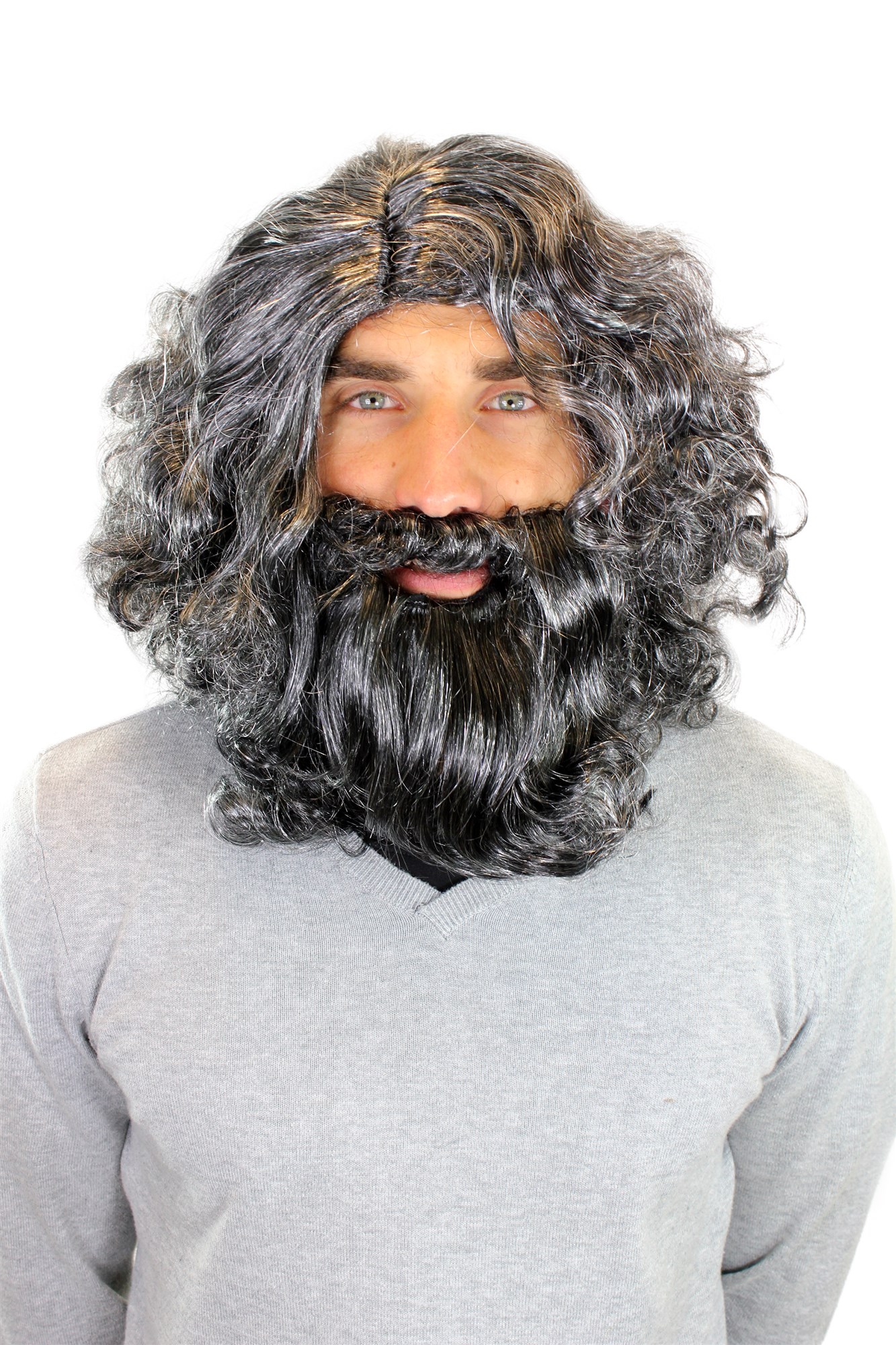 günstige Party Perücke, Perücke & Bart Urmensch Neandertaler Schwarz-Grau-Mix 6098, Vorderansicht, WIG ME UP: Ihr Perücken Online Shop wellige Party Perücke Grau schulterlange Haare Unisex