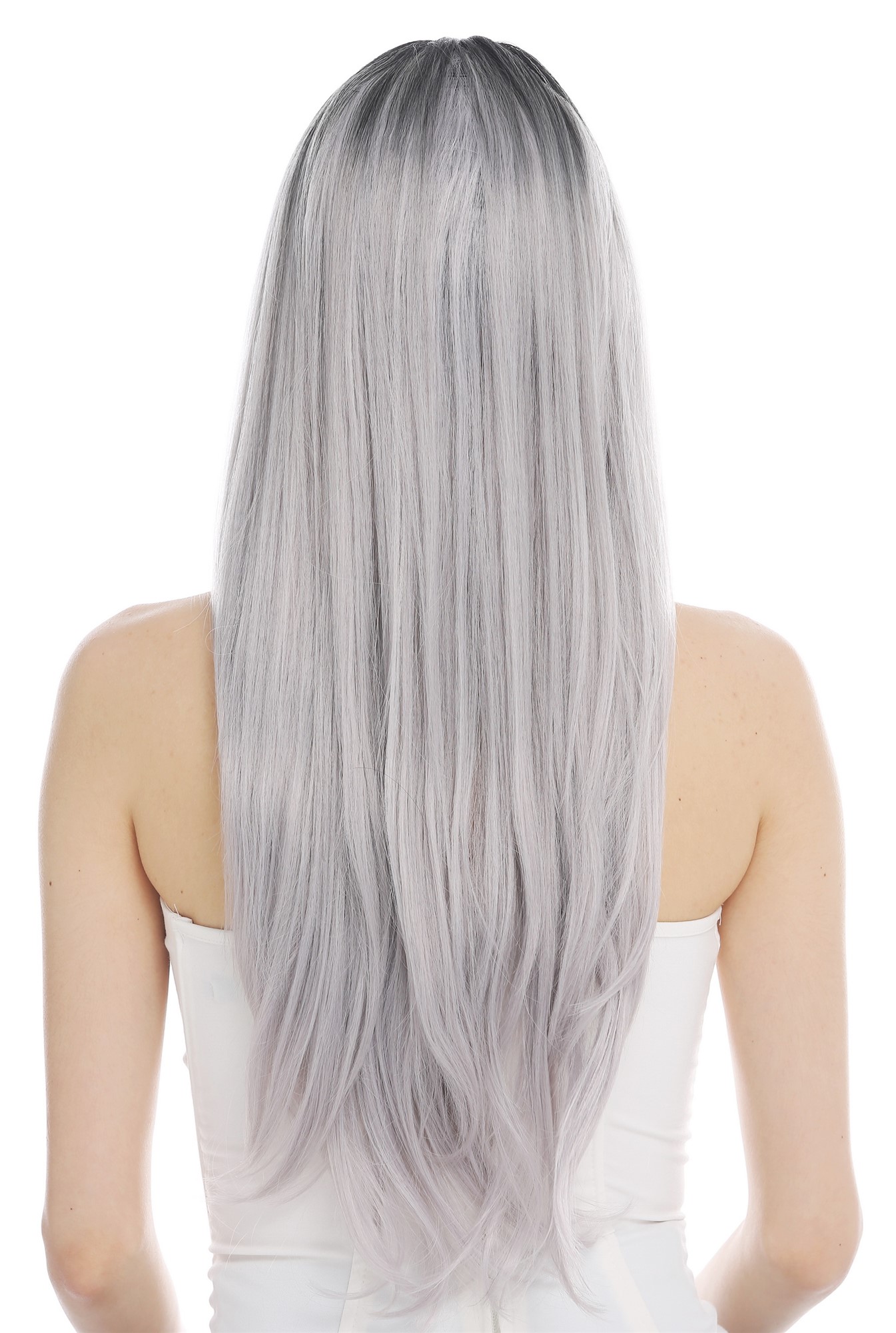 hochwertige Qualitätsperücken, Perücke lang glatt Scheite Ombre Schwarz Grau lRGF-6470C-DXR2PKW-grey, Ansicht 5, WIG ME UP: Ihr Perücken Online Shop glatte Tressen-Perücke mit Kopfhaut-Imitat Schwarz-Grau-Mix lange Haare für Damen