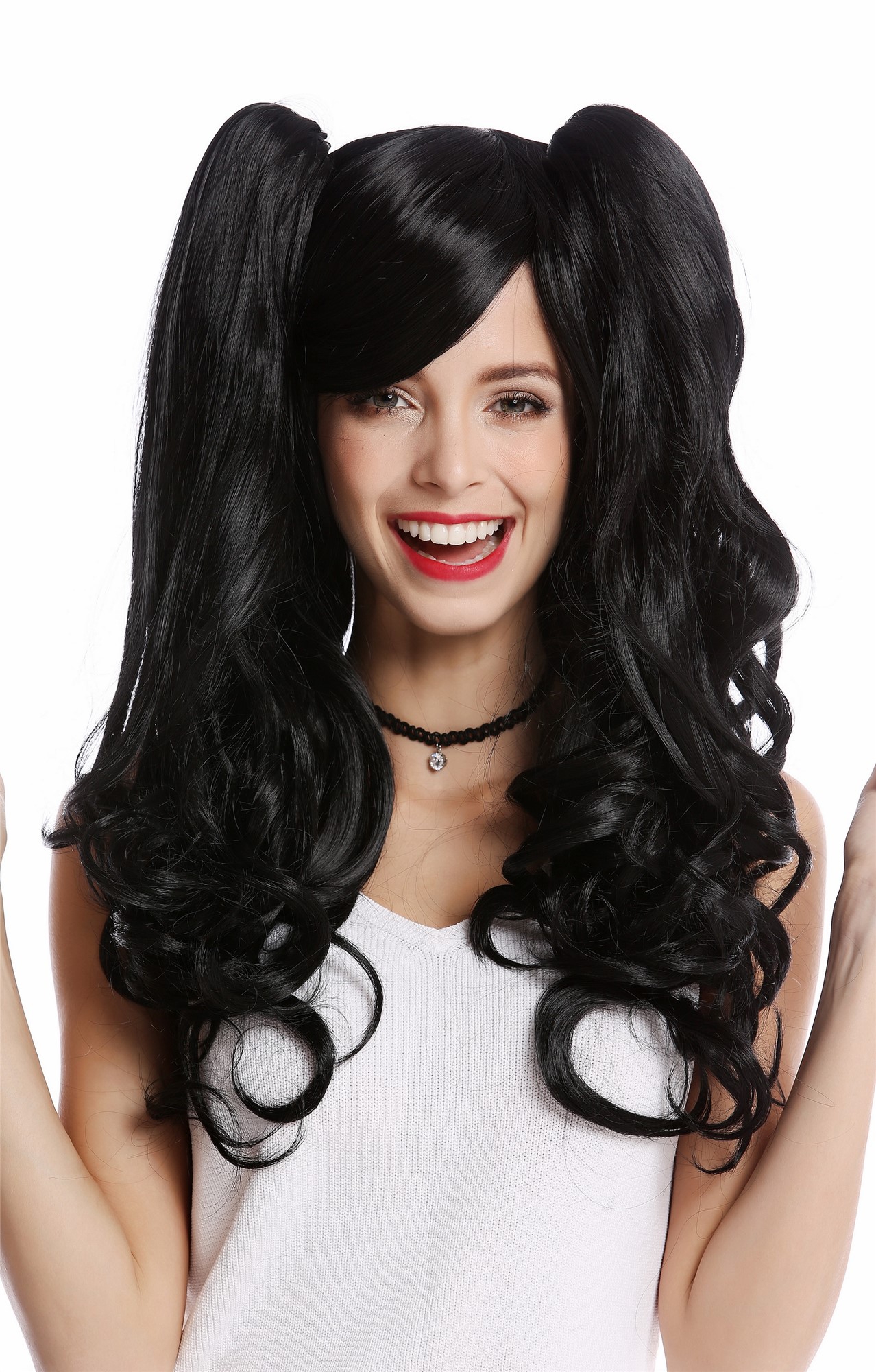 hochwertige Qualitätsperücken, Perücke Cosplay 2 Zöpfe Schwarz YZF-4379-1, Vorderansicht, WIG ME UP: Ihr Perücken Online Shop wellige Tressen-Perücke Schwarz lange Haare für Damen