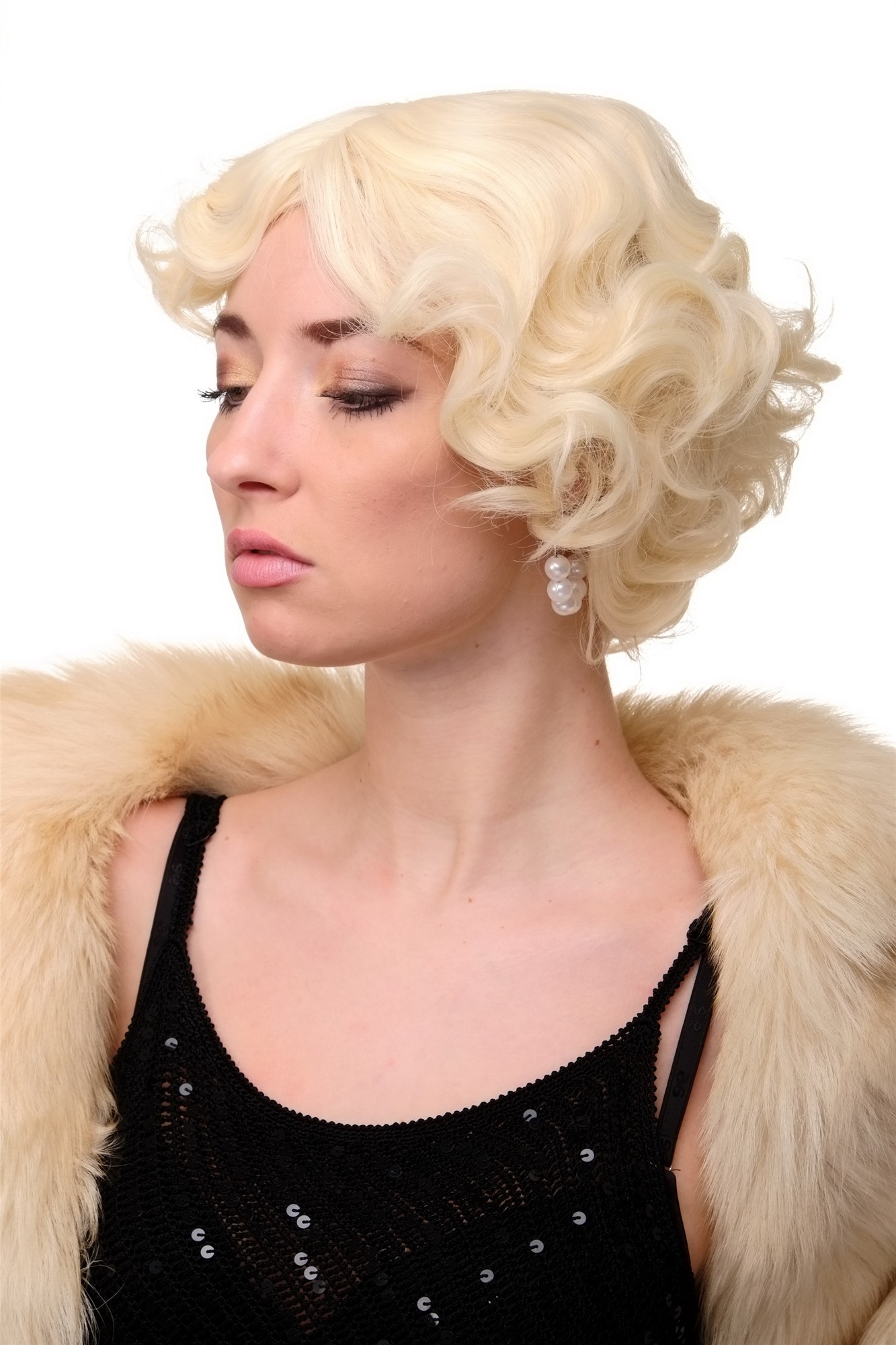 hochwertige Qualitätsperücken, Damen Perücke 20er Jahre Wasserwelle Platinblond Modell: A4002, Ansicht 2, WIG ME UP: Ihr Perücken Online Shop wellige Tressen-Perücke mit Kopfhaut-Imitat Platinblond kurze Haare für Damen
