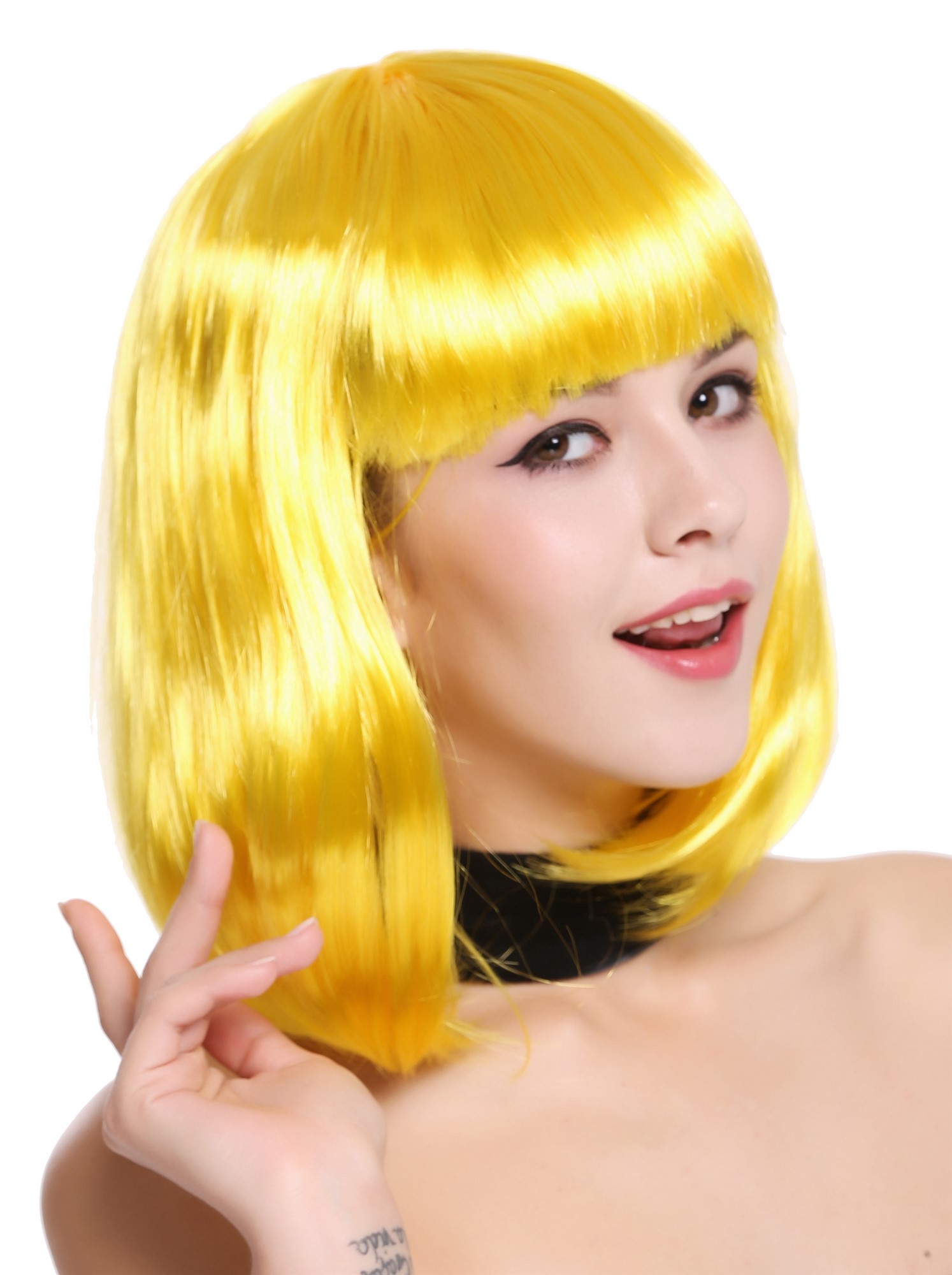 Lady Wig Halloween Carnival Disco bob longbob shoulder length bangs yellow 0073, view 3, WIG ME UP: Your Perücken Online Shop Party Wig, Ladies, Yellow, straight, shoulder-length