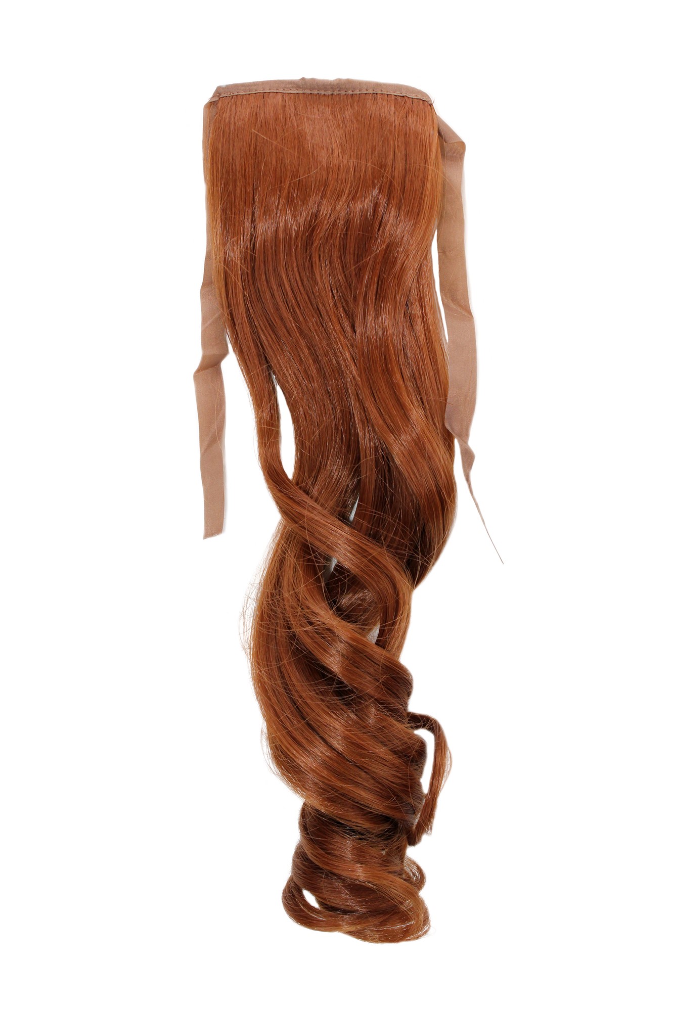 YZF-TC18-30 Hairpiece Pontail Pigtail extension slim light wavy comb and ribbon copper brown, front view, WIG ME UP: Your Perücken Online Shop Ponytails, reddish brown, wavy, shoulder-length