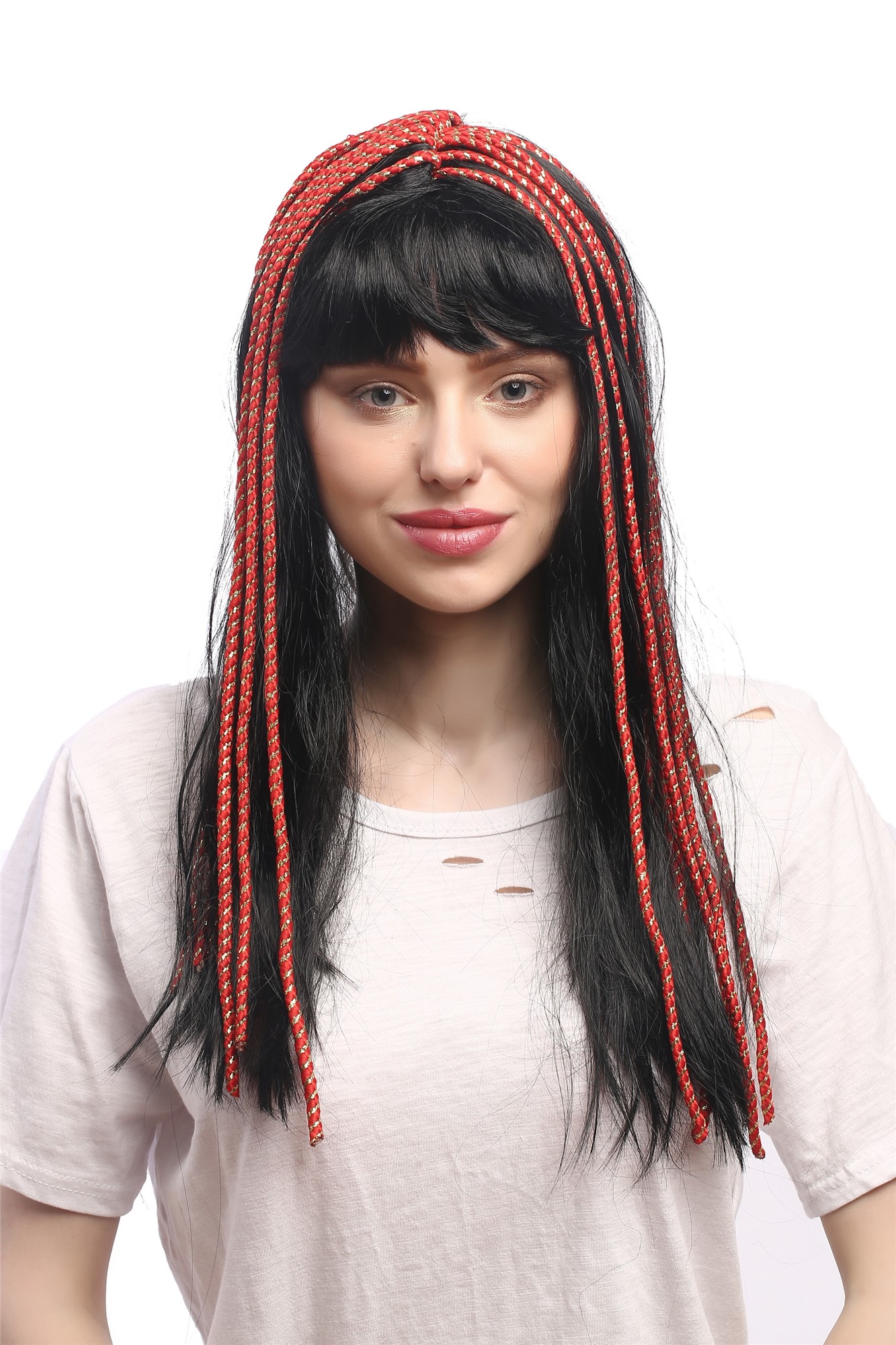 Lady Wig Halloween long black straight red ribbons bangs fringe Hippie 60327, front view, WIG ME UP: Your Perücken Online Shop Party Wig, Ladies, Black, Braided, long