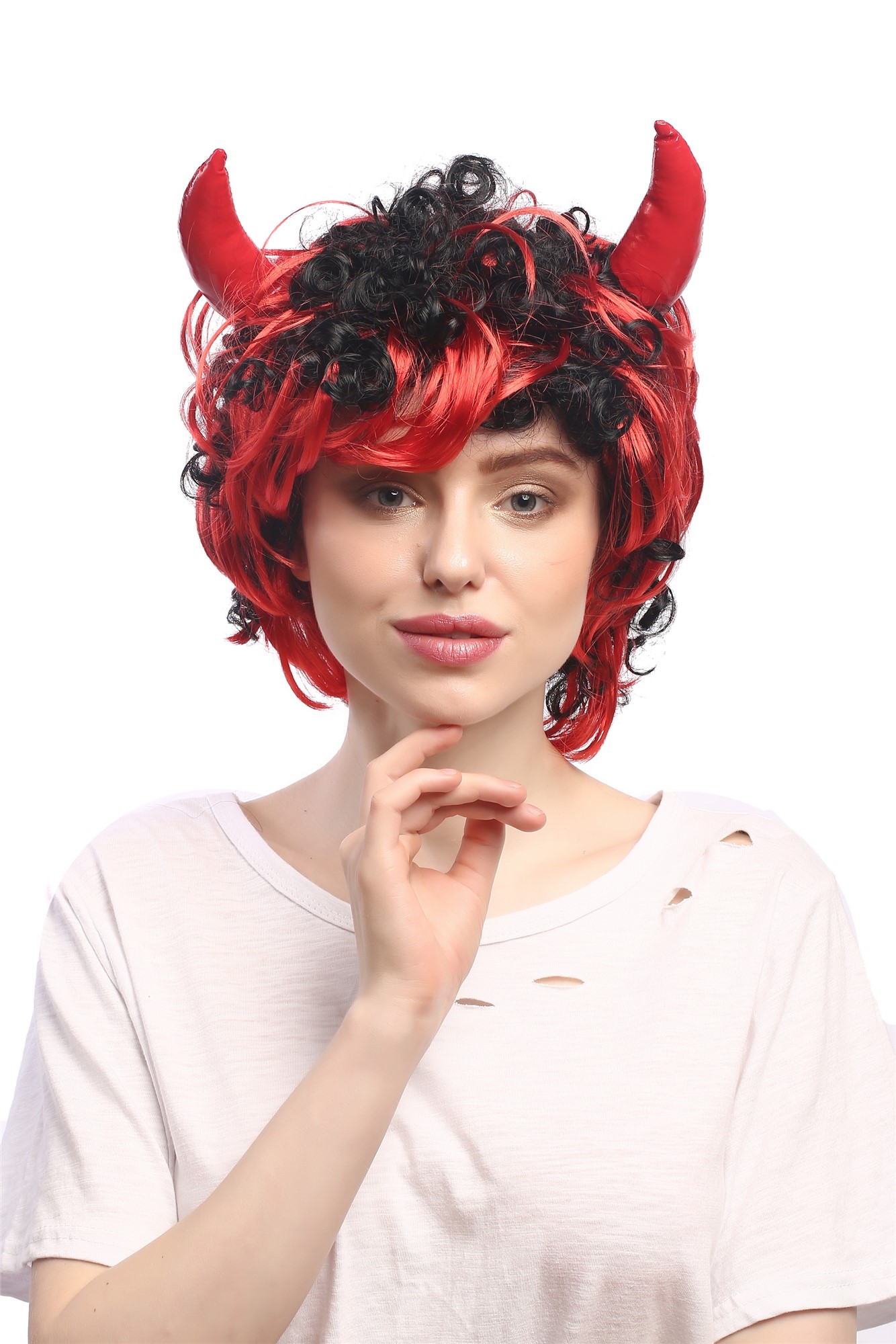 LadyMan Party Wig Halloween horns devil demon black with red curls wild 4045, view 2, WIG ME UP: Your Perücken Online Shop Party Wig, Unisex, Black, Red, wavy, short