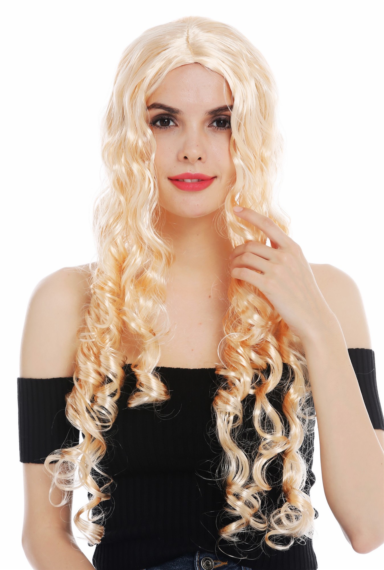 günstige Party Perücke, Perücke lang Mittelscheitel Locken hellblond 59275-P02, Vorderansicht, WIG ME UP: Ihr Perücken Online Shop lockige Party Perücke Hellblond lange Haare für Damen