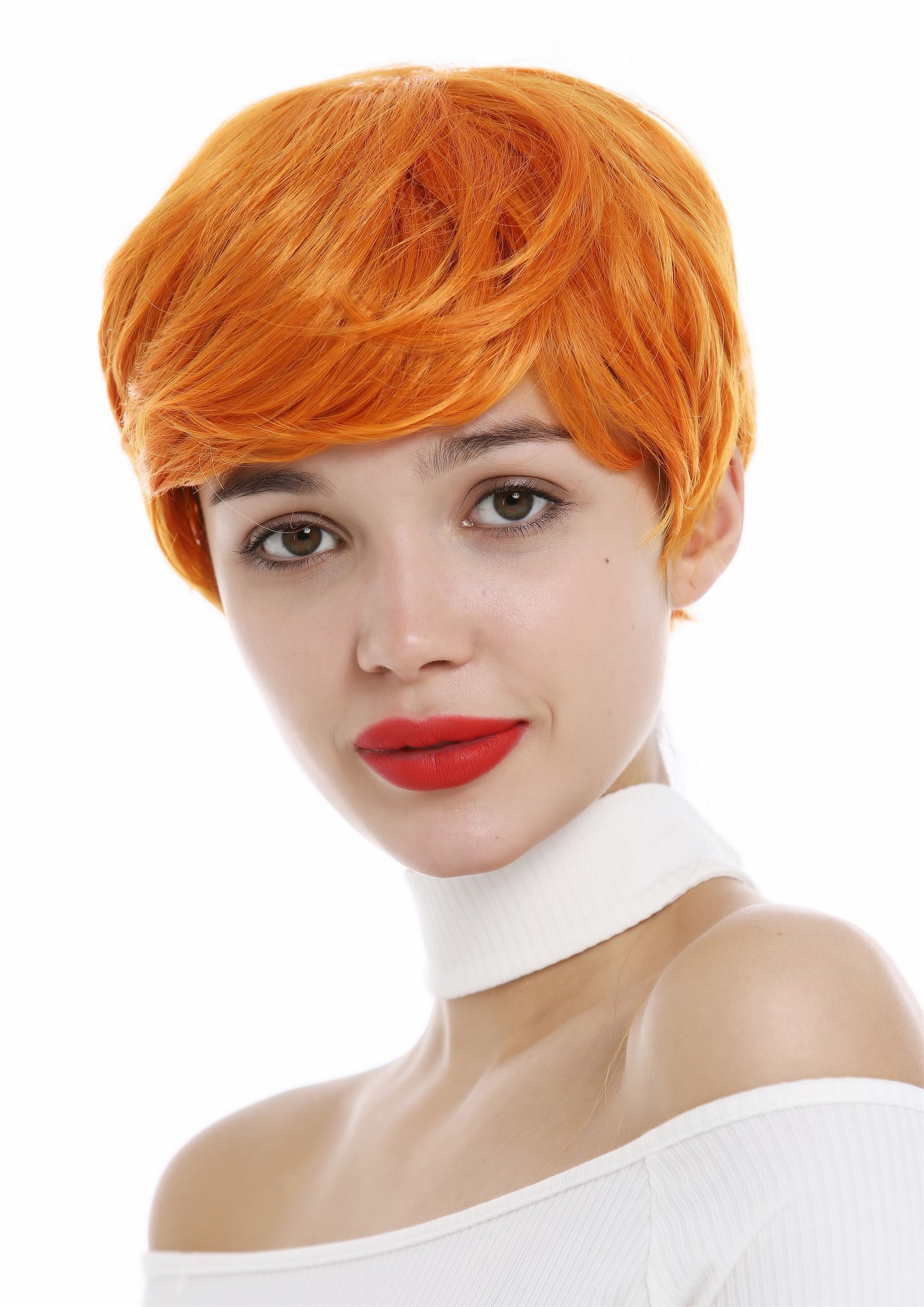 hochwertige Qualitätsperücken, Perücke kurz Pixie Scheitel Orange 0824-T2735/TF2201, Ansicht 2, WIG ME UP: Ihr Perücken Online Shop wellige Tressen-Perücke Neonorange kurze Haare für Damen