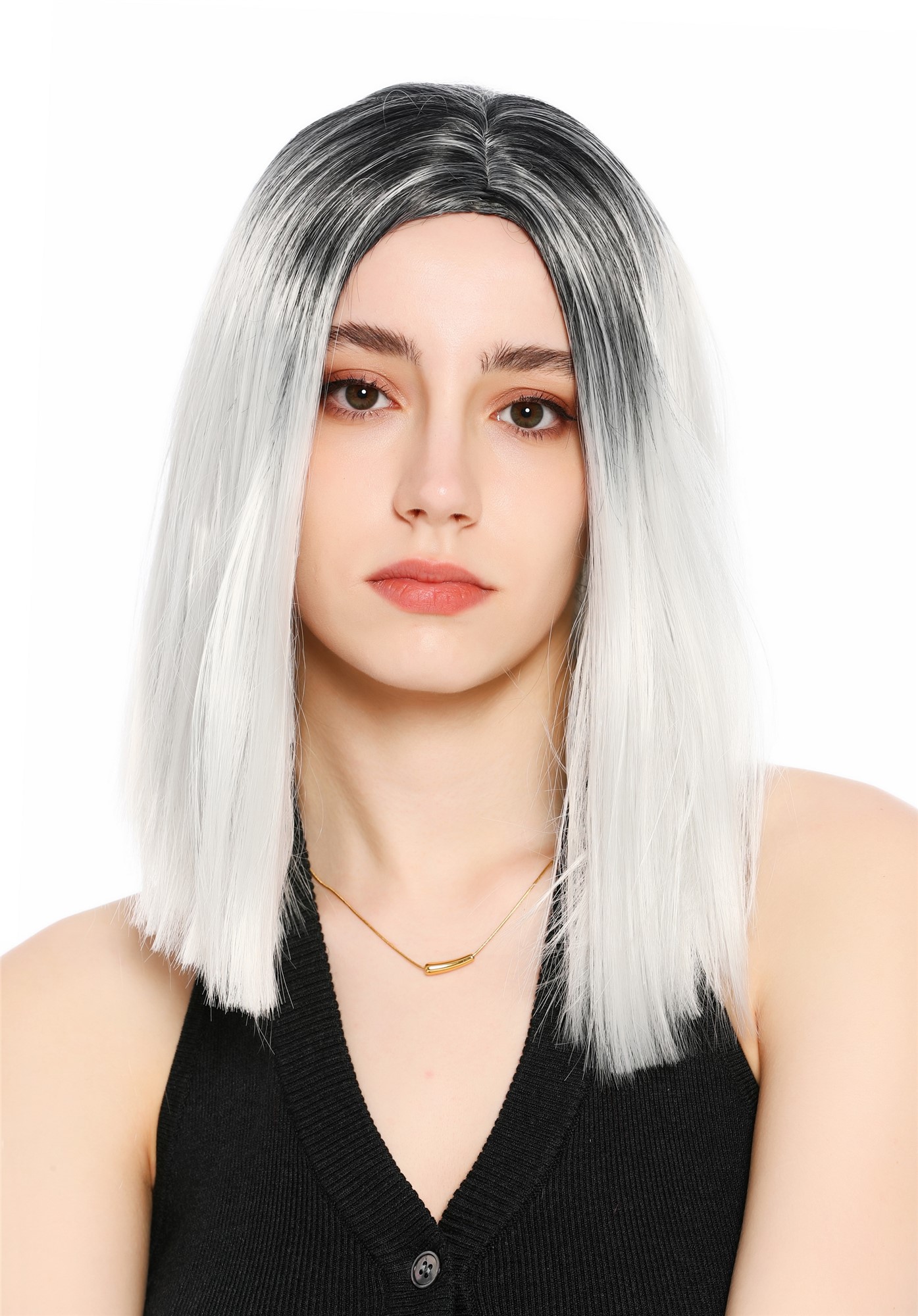 Perücke Damen Mittelscheitel schulterlang glatt Ombre Schwarz Hellgrau GFW4029S-silvergray+1B