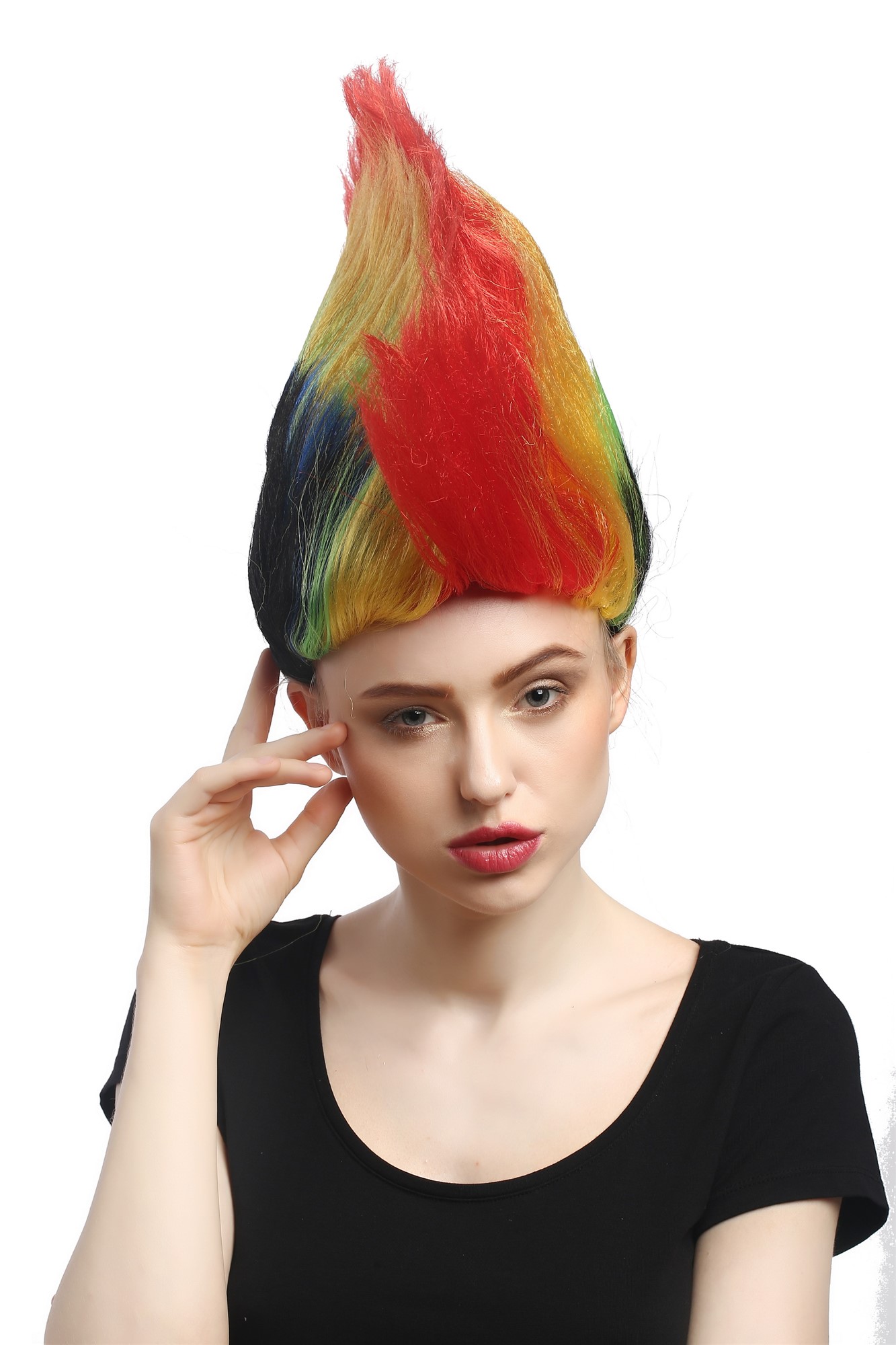 DH1159 Wig Ladies Men Halloween Carnival Fan colourful mohawk punk spikey, view 3, WIG ME UP: Your Perücken Online Shop Party Wig, Unisex, red-yellow-green-blue-black, straight, long
