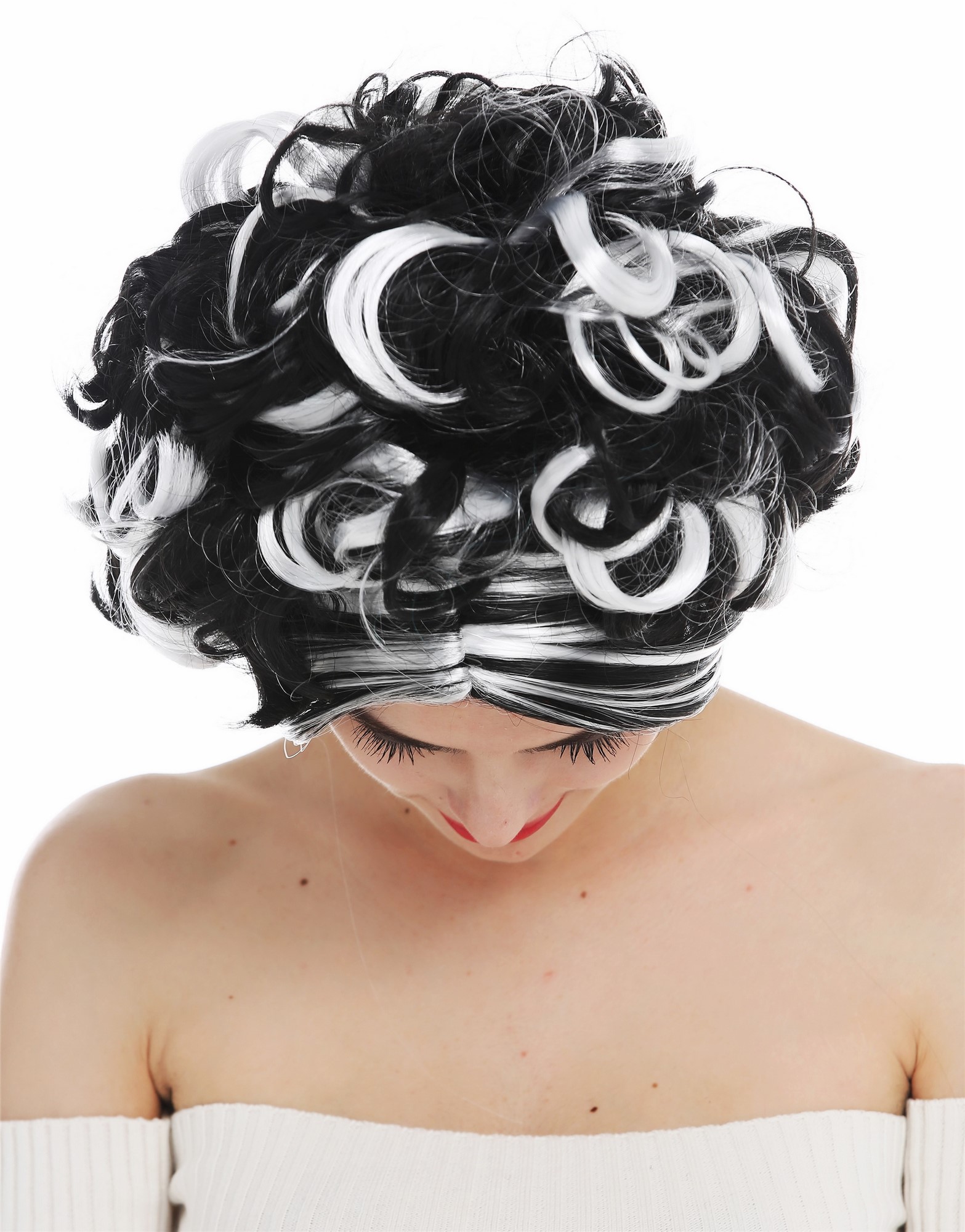 Women's wig lady Halloween carnival short curls black white highlights 31717, view 5, WIG ME UP: Your Perücken Online Shop Party Wig, Ladies, deep black and white mix, curled, short
