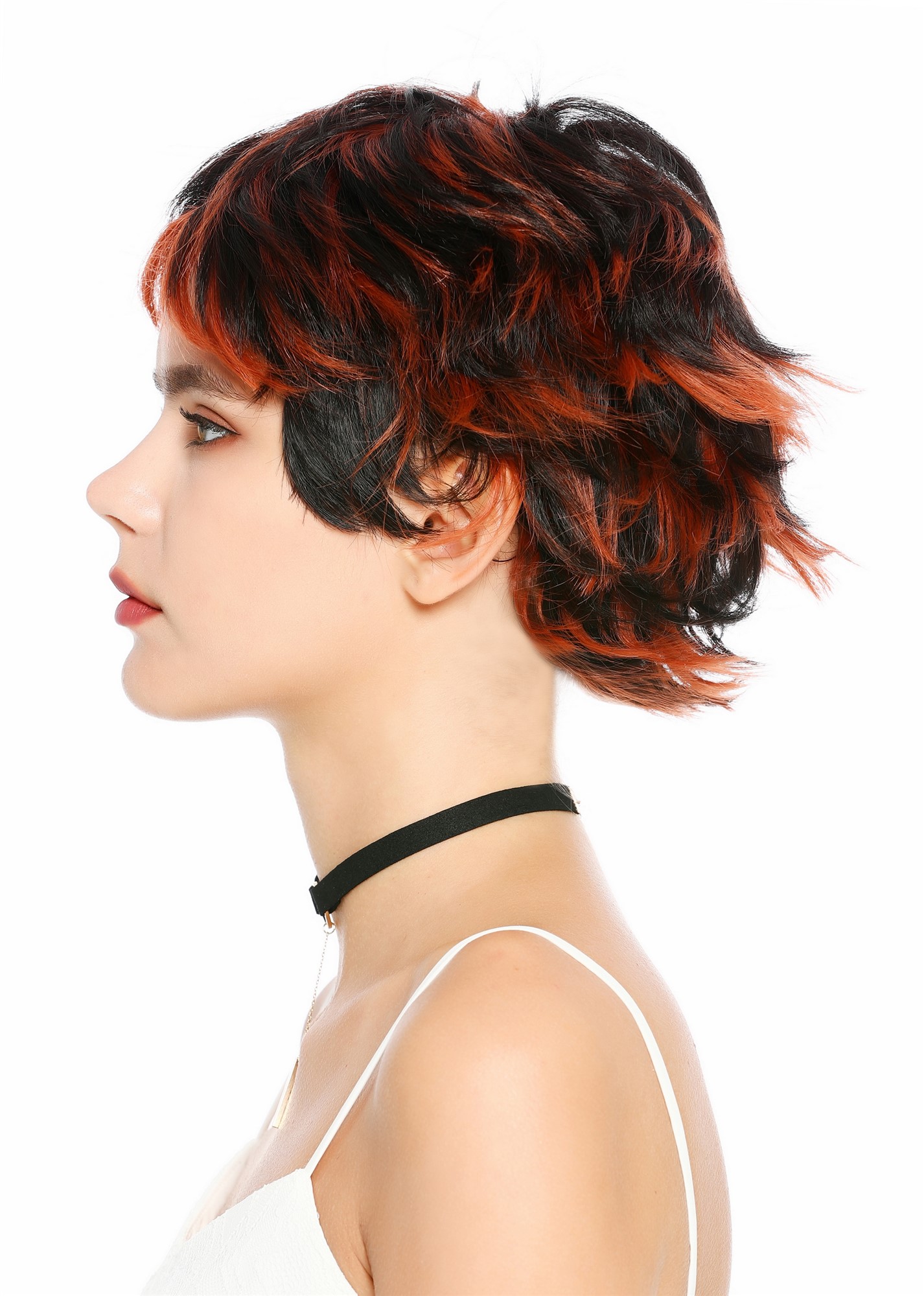 wellige Party-Perücke Schwarz mit rostroten Strähnen 30 cm lange Perücke für Damen