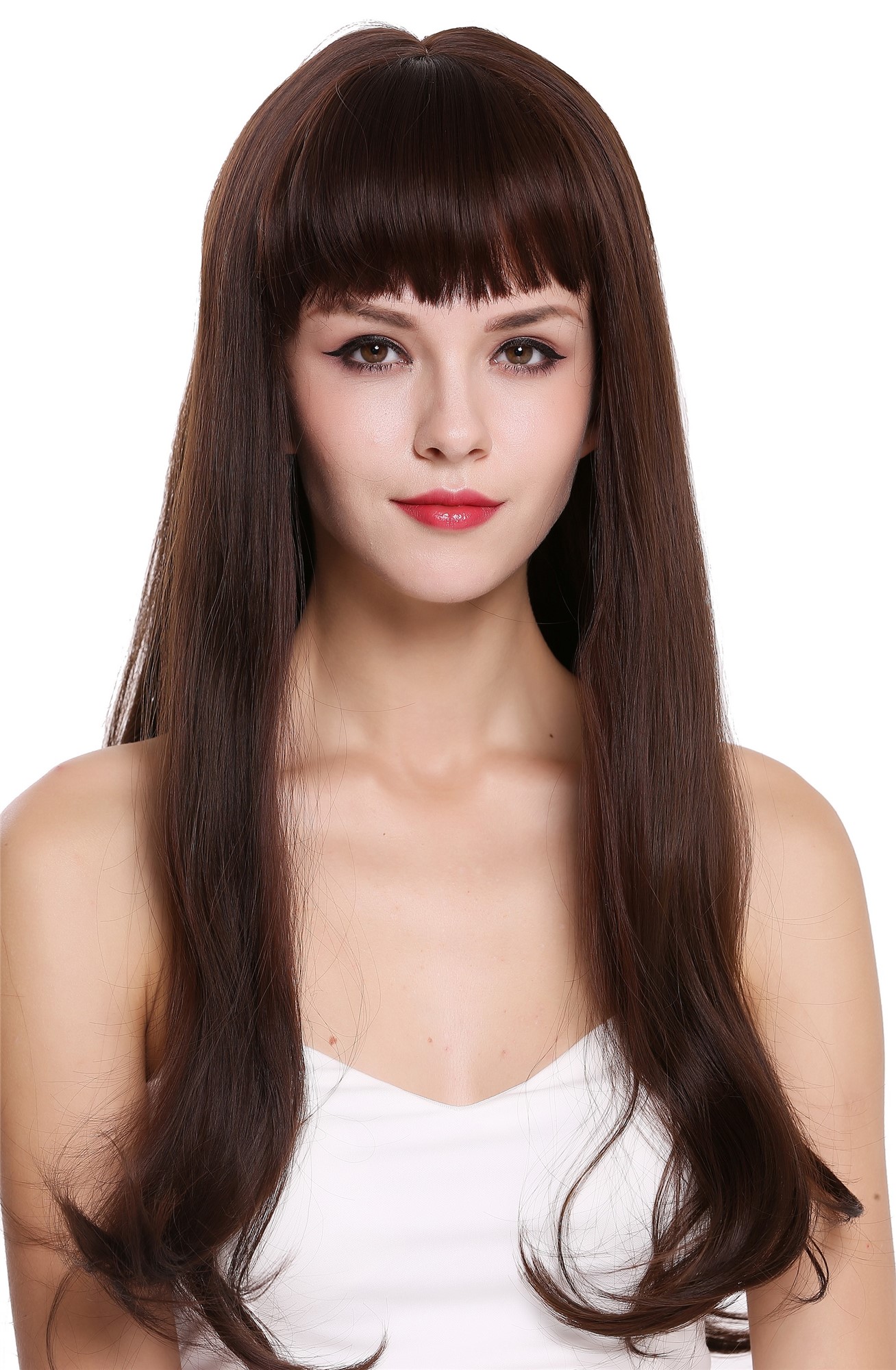 Women's wig lady very long sleek fringe mahogany brown mix C8135, front view, WIG ME UP: Your Perücken Online Shop Quality Wigs, Ladies, ash brown-mahogany brown mix, straight, long