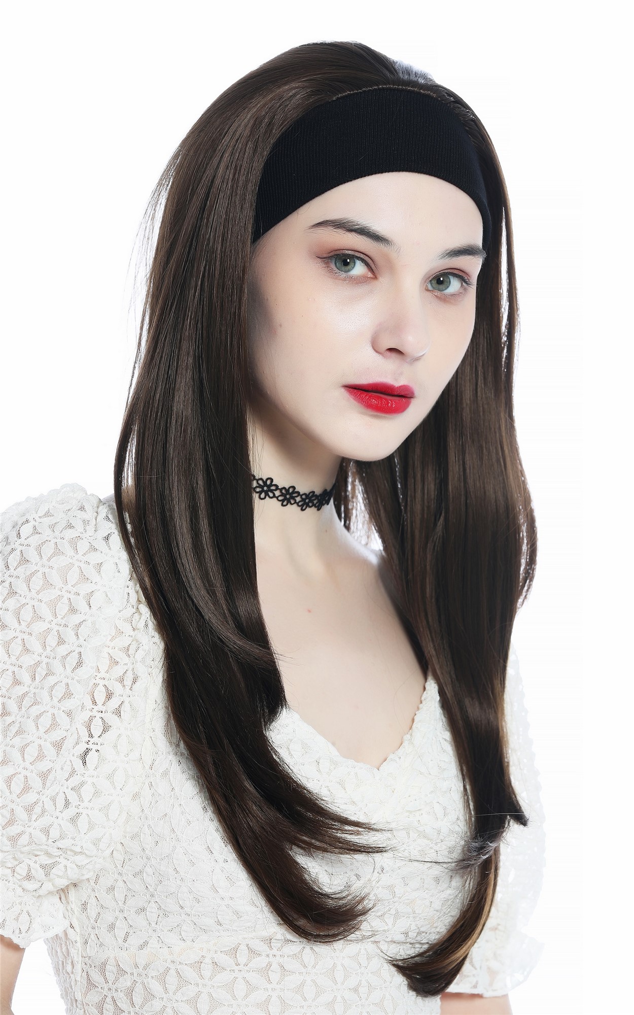 hochwertige Qualitätsperücken, Perücke Halbperücke Stirnband lang glatt braun aschbraun H9306-8, Ansicht 4, WIG ME UP: Ihr Perücken Online Shop glatte Tressen-Perücke mit Stirnband Mittelbraun lange Haare für Damen