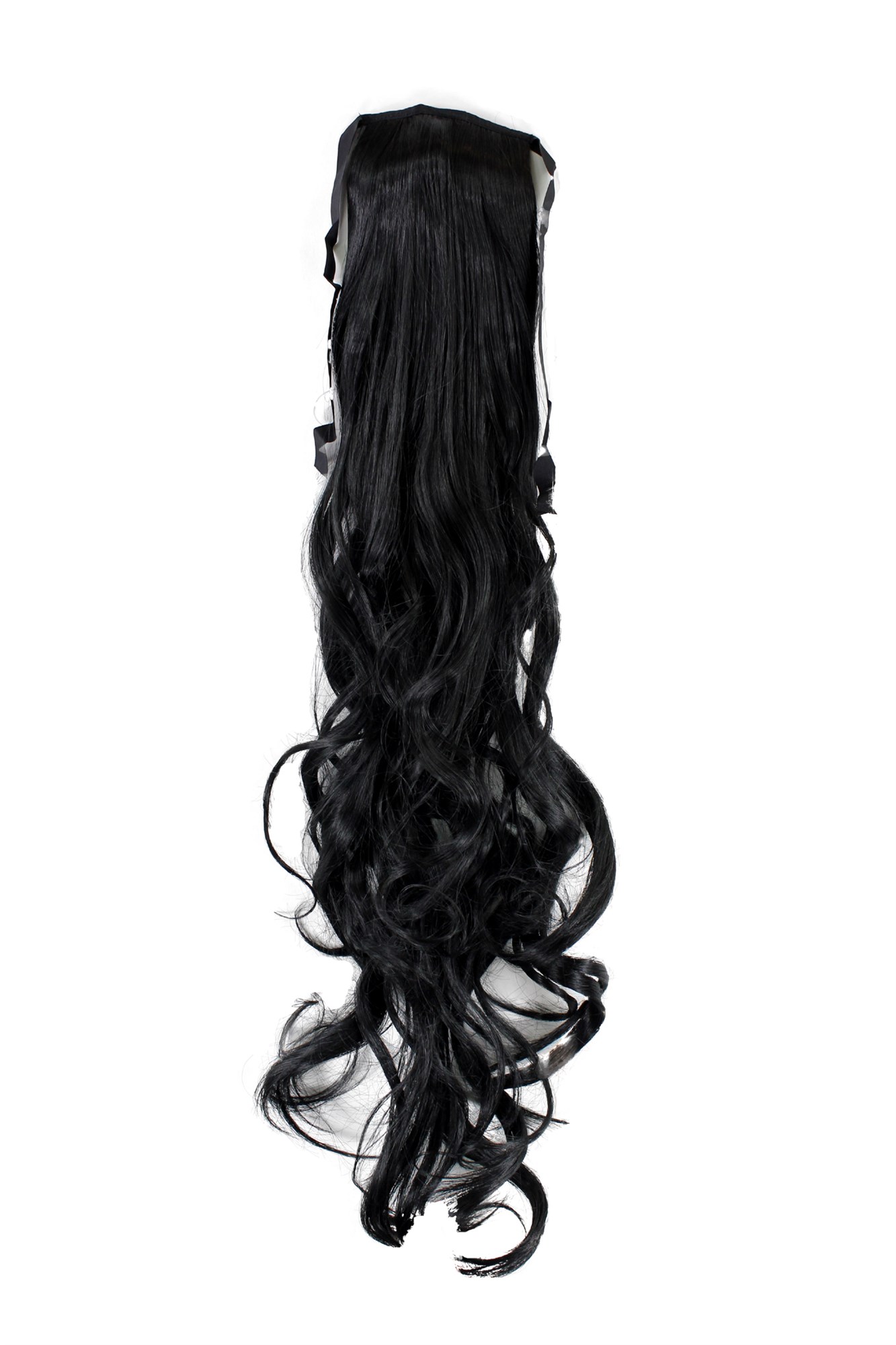 Ponytail Hairpiece comb ribbon wrap-around extension long wavy black YZF-1094HT, front view, WIG ME UP: Your Perücken Online Shop Ponytails, Black, wavy, long